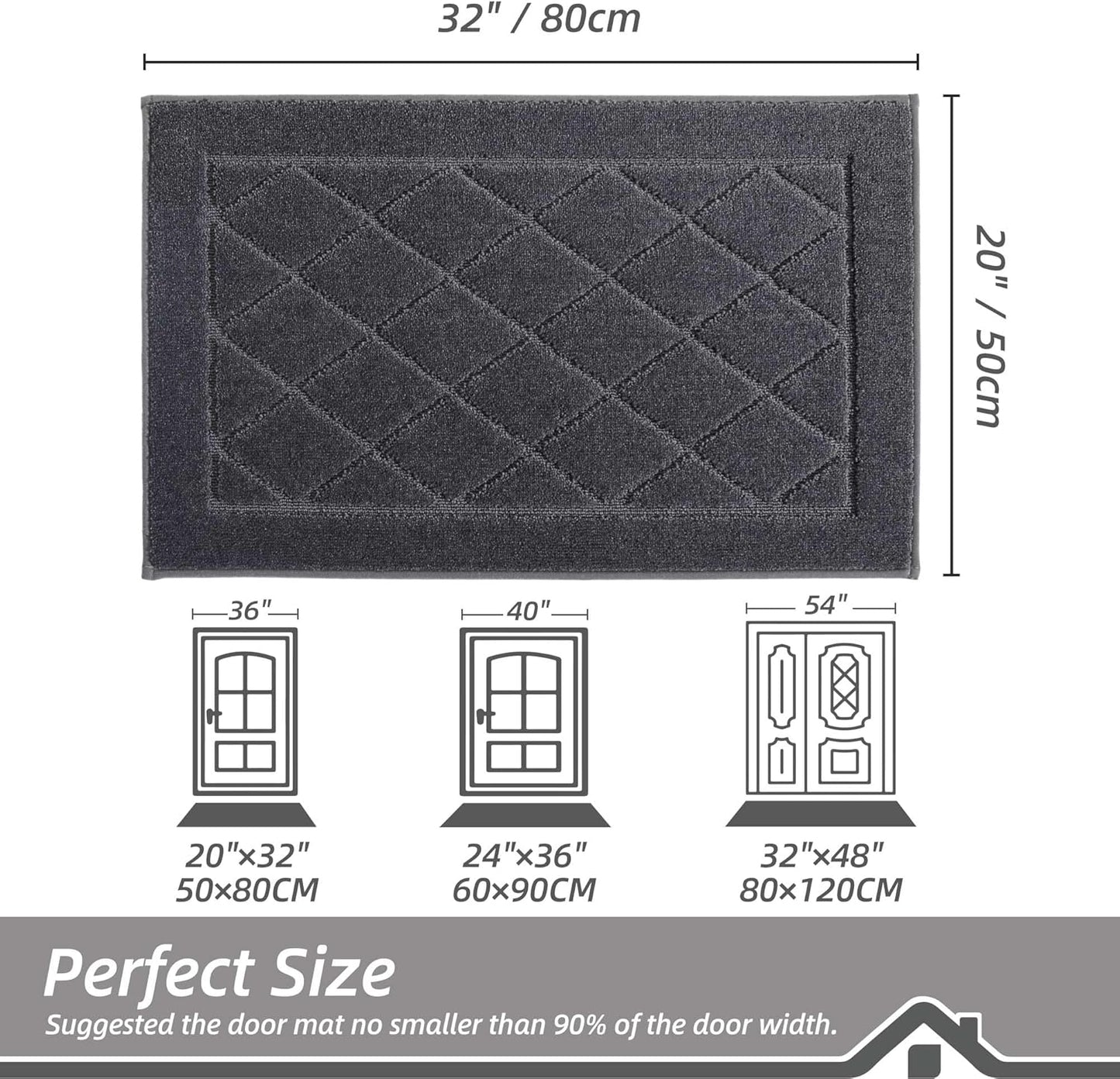 BEQHAUSE Dirt Trapper Door Mat 20" x 32", Doormat Non-Slip Entryway Rugs Washable, Dog Door Mat Stain Resistant and Absorbent Welcome Floor Mat for Front Back Door, Muddy Wet Shoes & Paws, Dark Grey