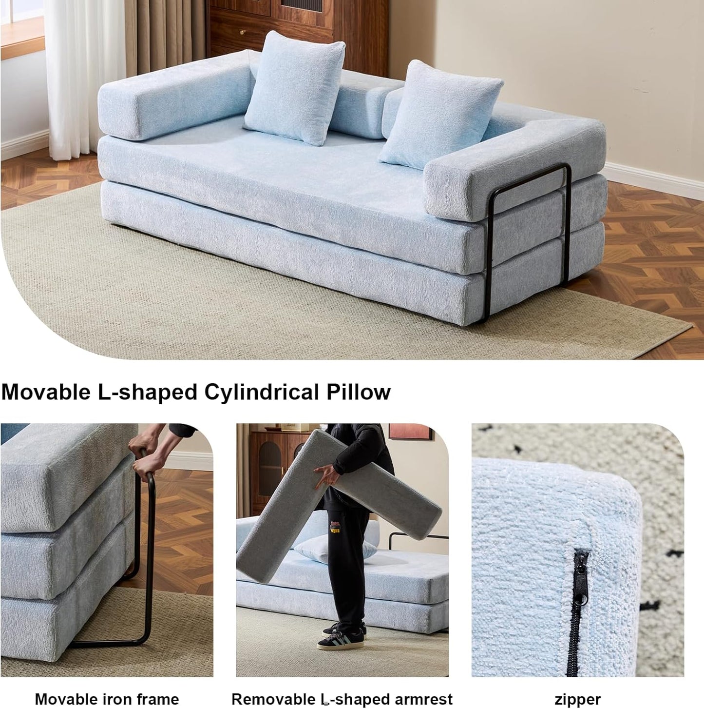 Convertible Sleeper Sofa Bed, Compression Folding Sofa with Pillow, No Assembly Required, Shape Frame, Floor Sofas Lounge Couch for Living Room, Bedroom, Small Spaces(Chenille, 77''W, Light Blue)