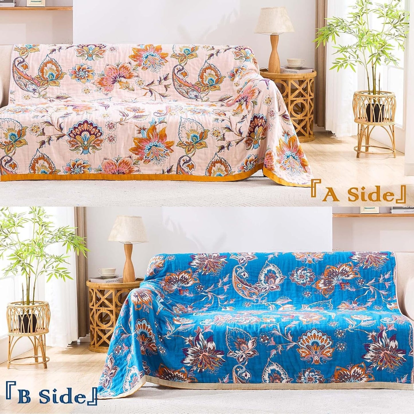 Boho Throw Blanket for Bed, 100% Cotton Soft Rustic Quilt Fall Blanket, 60"x80" Floral Printed Farmhouse Decor Bed Blankets, All Season Rustic Reversible Bohemian Throw Quilt