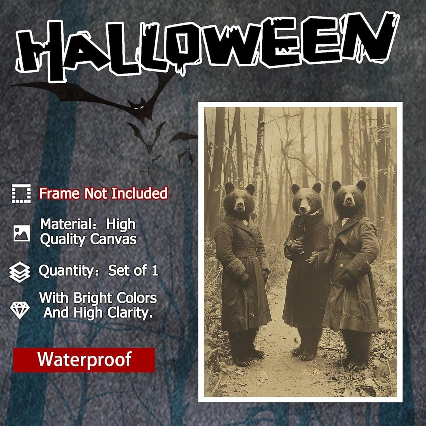 Vintage Horror Halloween Wall Decor Spooky The Three Bears In Occult Forest Spooky Canvas Wall Art Poster Gothic Dark Academia Decorations Room Creepy Print 12X16inch Unframed