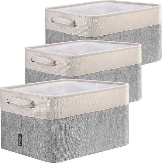BALEINE 3 Pack Fabric Storage Bins for Shelves, Linen Storage Baskets for Organizing, Decorative Closet Bins for Clothes, Home (Grey, 12"x8"x8")