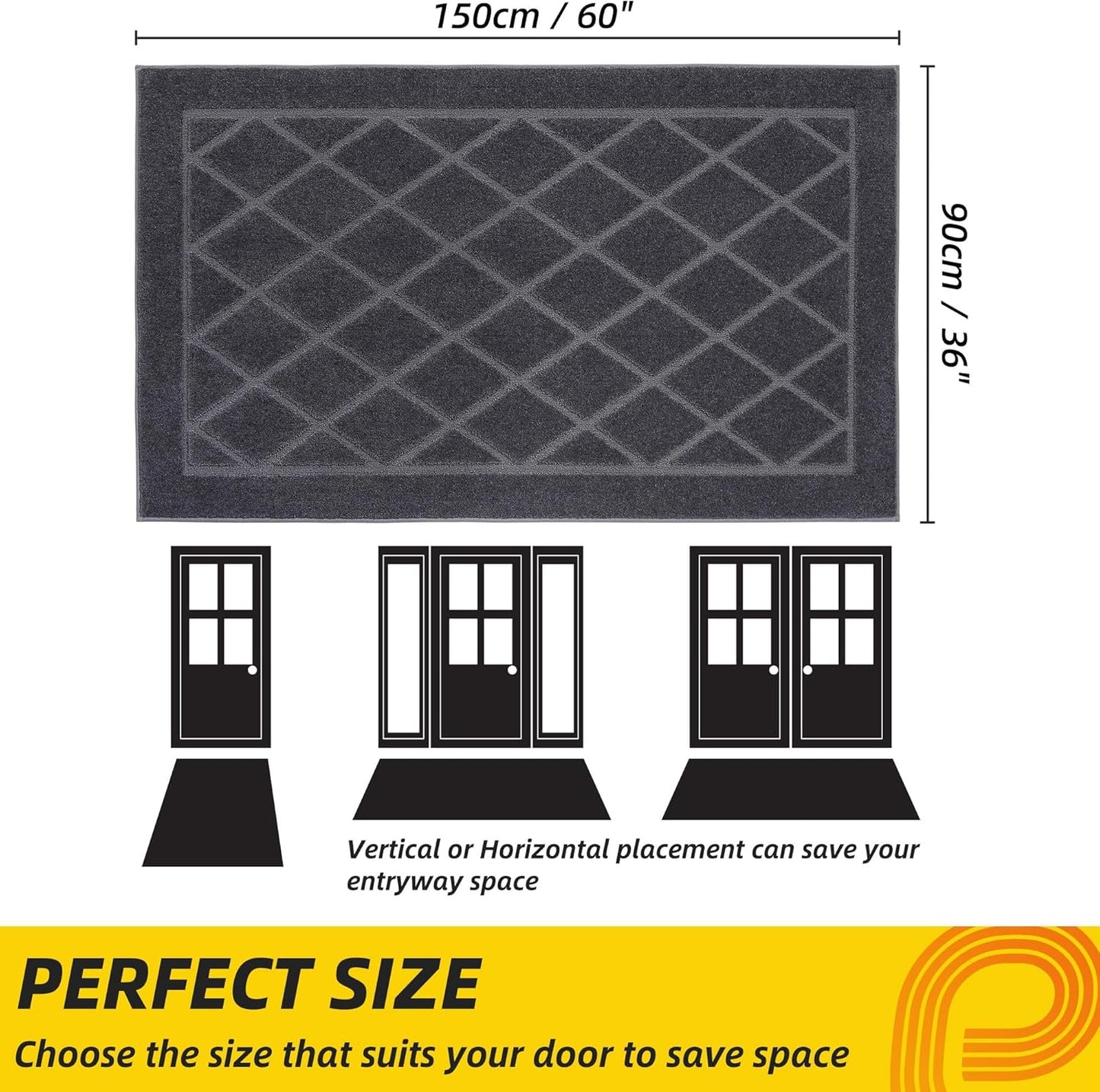 JSEI Dirt Trapper Door Mat 36"x60", Non-Slip Washable Entryway Mats, Dog Door Mat, Stain Resistant and Absorbent Floor Mats, Low Profile Welcome Mat for Front Back Door, Dark Grey