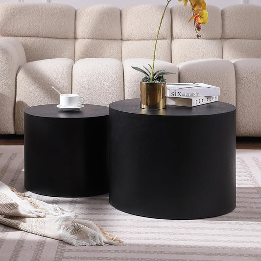 Nesting Coffee Table Set of 2, Round Side Tables Set, Wooden Accent Table, Modern End Tables, Minimalist Circle Table for Small Space Living Room Bedroom, Black