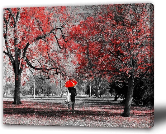Bamdeya Bathroom Wall Art Gray Red Wall Decor Forest Canvas Painting Tree Prints Art Scenery Artwork for Wall Landscape Picture Black and White Wall Art Bedroom Room Décor Decoration -12x16inches