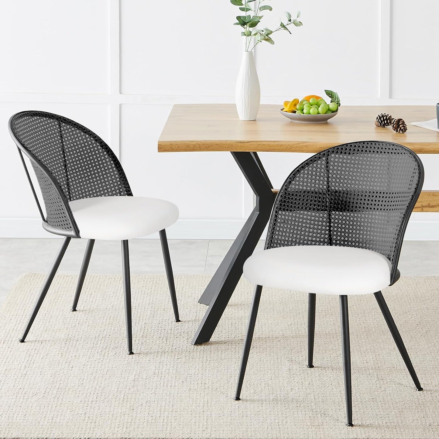 Rattan Dining Chairs Set of 2, Faux Leather Upholstered Dining Chairs with Black Cane Back, Mid-Century Modern Farmhouse Armless Accent Chairs for Kitchen Dining Room, Restaurant,White