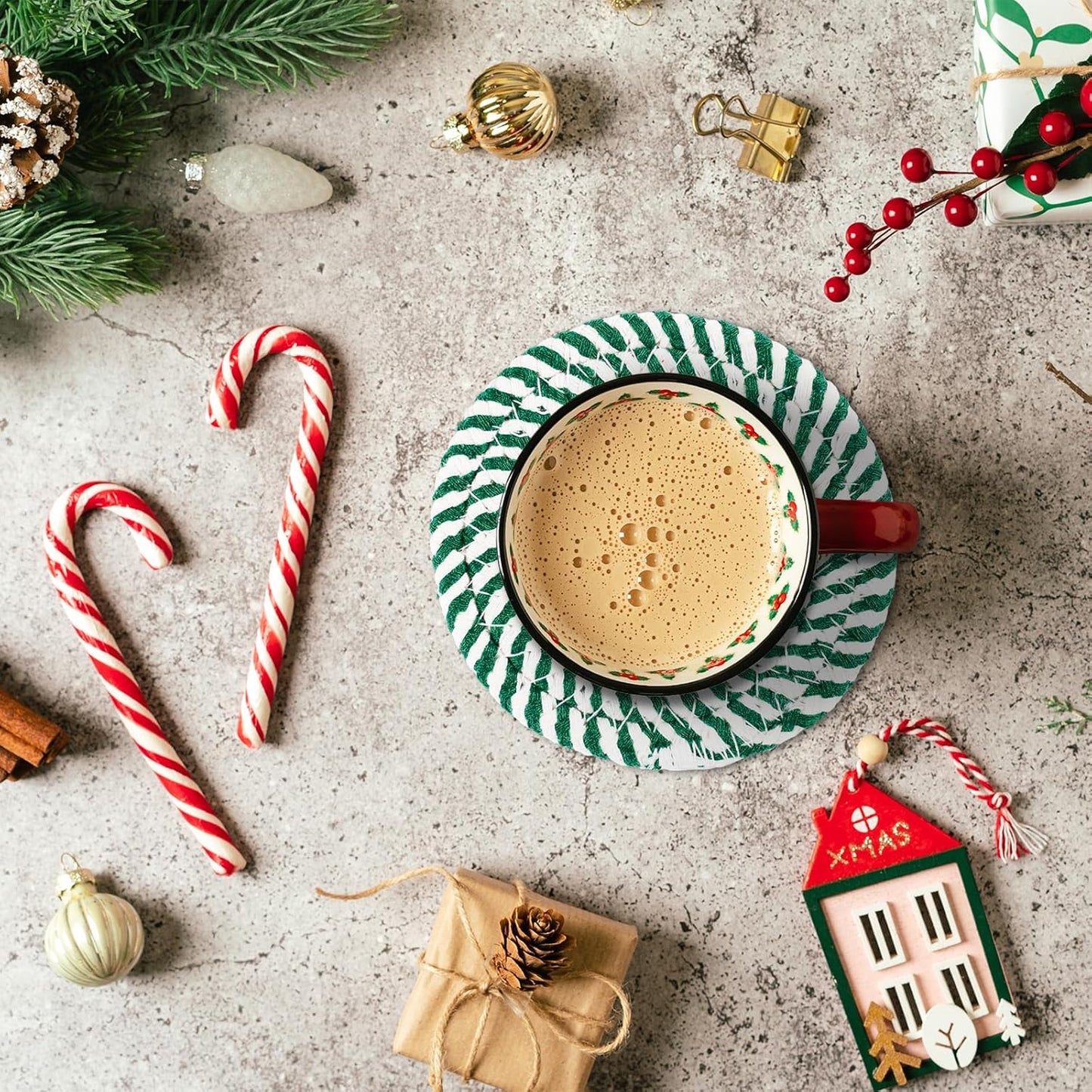 Whaline Christmas Cotton Coasters Red Green Peppermint Candy Handmade Braided Drink Coasters Absorbent Cup Mats for Xmas Holiday Party Home Table Decor, Set of 4