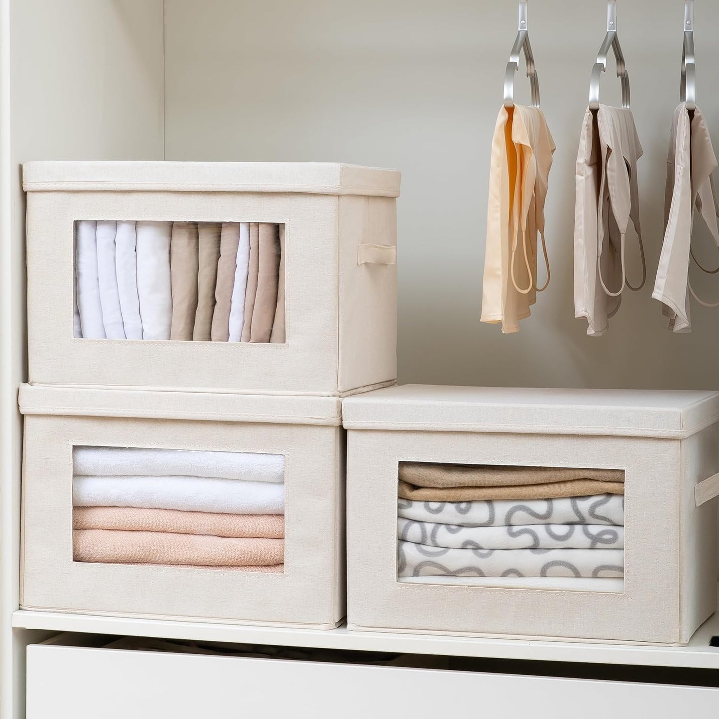 Citylife 4-Pack Storage Bins with Lids, Fabric Foldable Storage Bins with Soft Cord Handles, Cube Closet Storage Baskets with Lids, Organizers for Organizing Clothes and Books, Beige