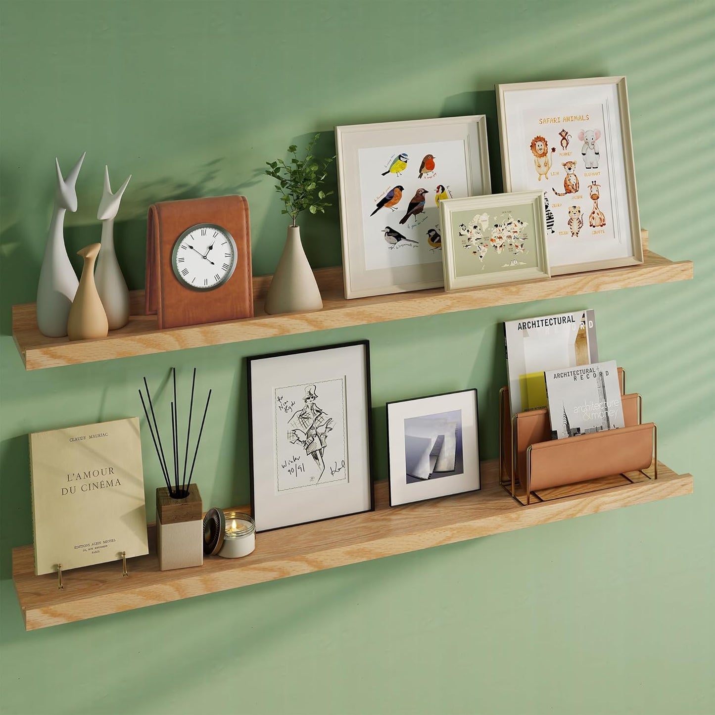 Floating Picture Ledge Shelves 48 Inch Solid Oak Wood Set of 2, Rustic Wall Storage Shelves with Lip, Kids Bookshelf, Photo & Picture Ledge Shelves for Bedroom, Living Room, Kitchen