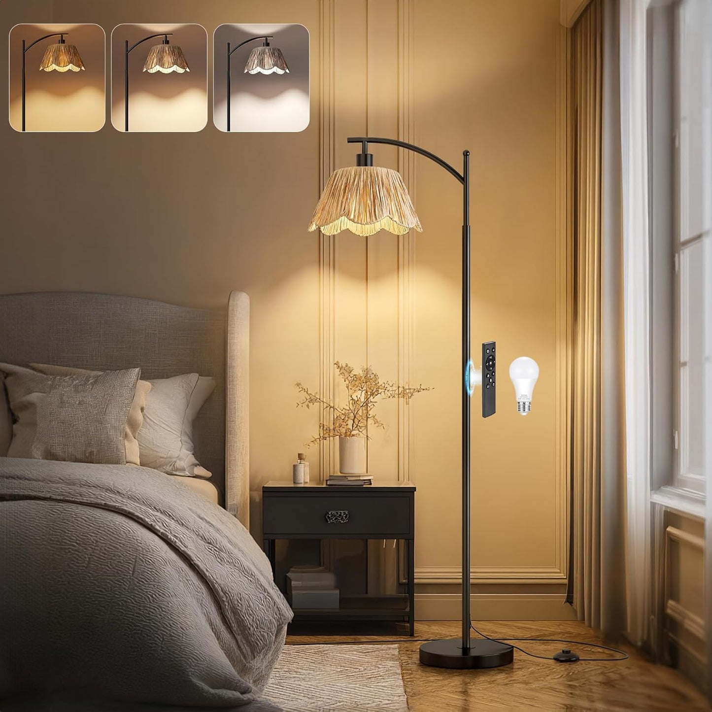 Oneach Arc Floor Lamp for Living Room with 3 Color Temperatures, Rattan Boho Floor Lamp with Hand-Woven Wicker Shade,Farmhouse Floor Lamps with Remote & Dimmable Bulb, Suitable for Bedroom（Black）