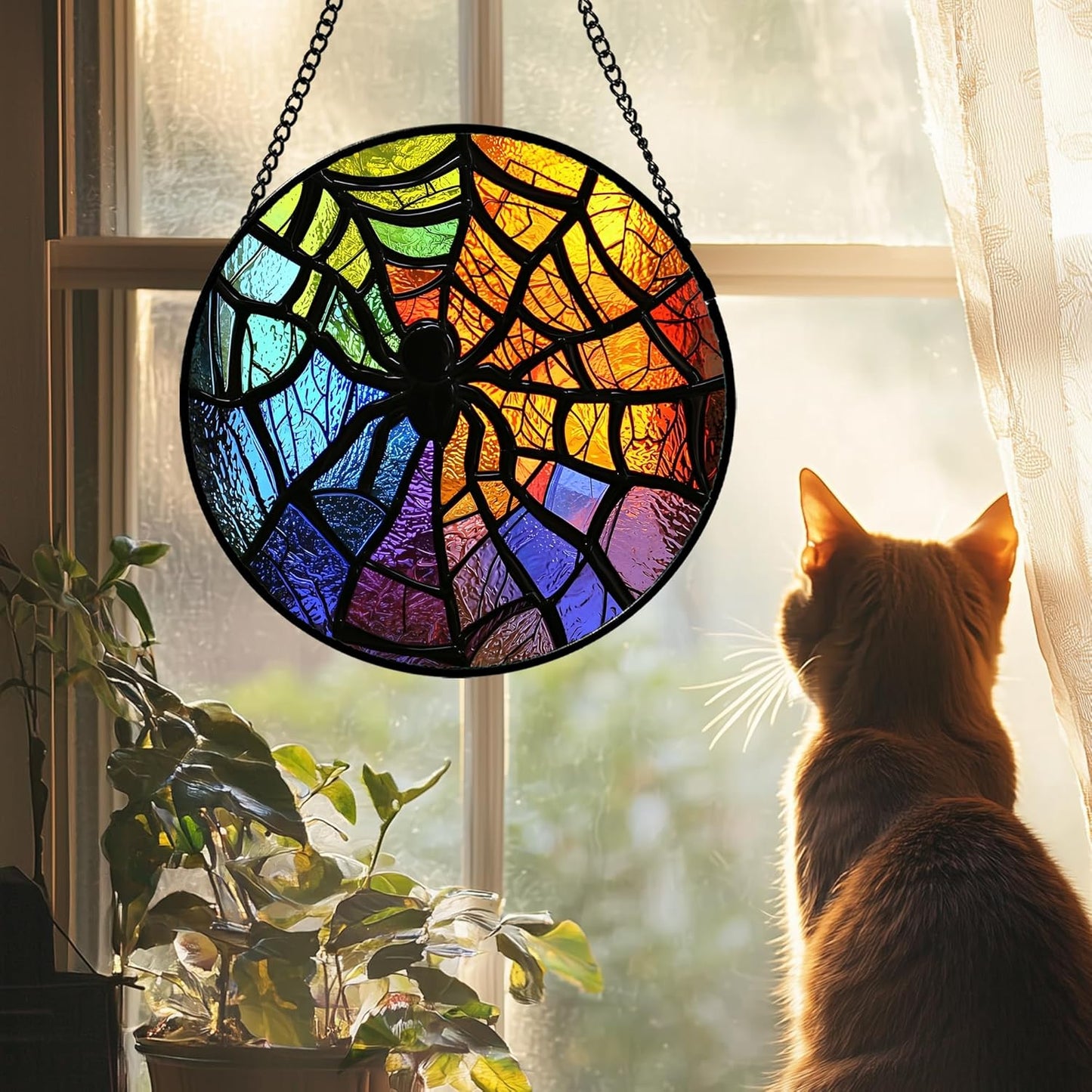 Stained Glass Suncatcher, Colorful Spider Sun Catcher Black Insect Stain Glass Window Hanging Decoration Mother's Day Birthday Gifts for Women Men Mom Nana 15 in