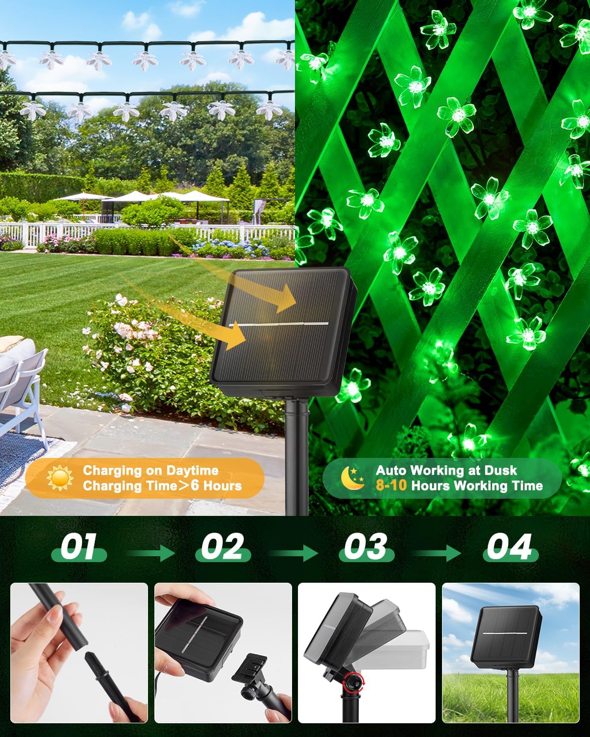 Brightown 2 Pack Total 52FT 120 LED Solar Flower String Lights for Outside Waterproof Fairy Lights for Garden Yard Fence Patio Christmas Tree Wedding Party Decor, Green