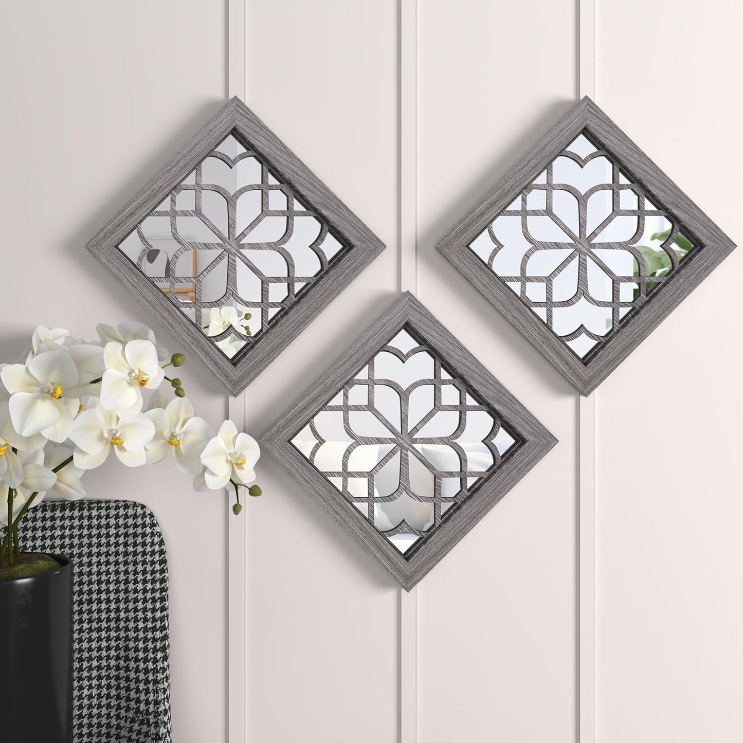 4pcs Farmhouse Wall Mirror with Carved Floral Design -Rustic Mirror Decor for Home, 12x12 inch(Brown)