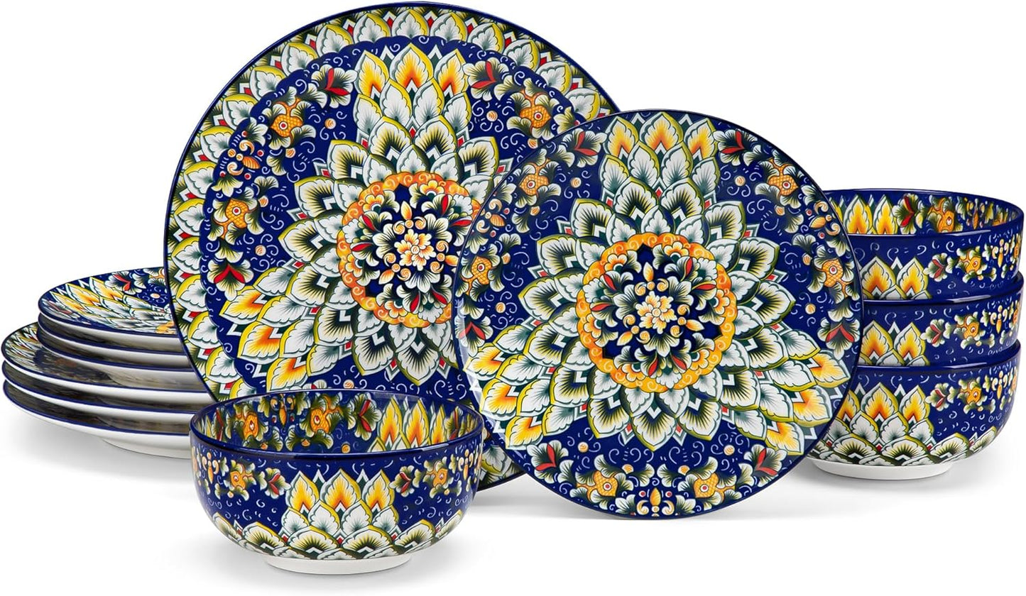 vancasso 12 Pieces Dinnerware Sets, Blue Plates and Bowls Set, Porcelain Dishes Set for 4, Microwave and Dishwasher Safe, Scratch Resistant, Bohemian Style Dining Ware Service for 4, Series SIMI