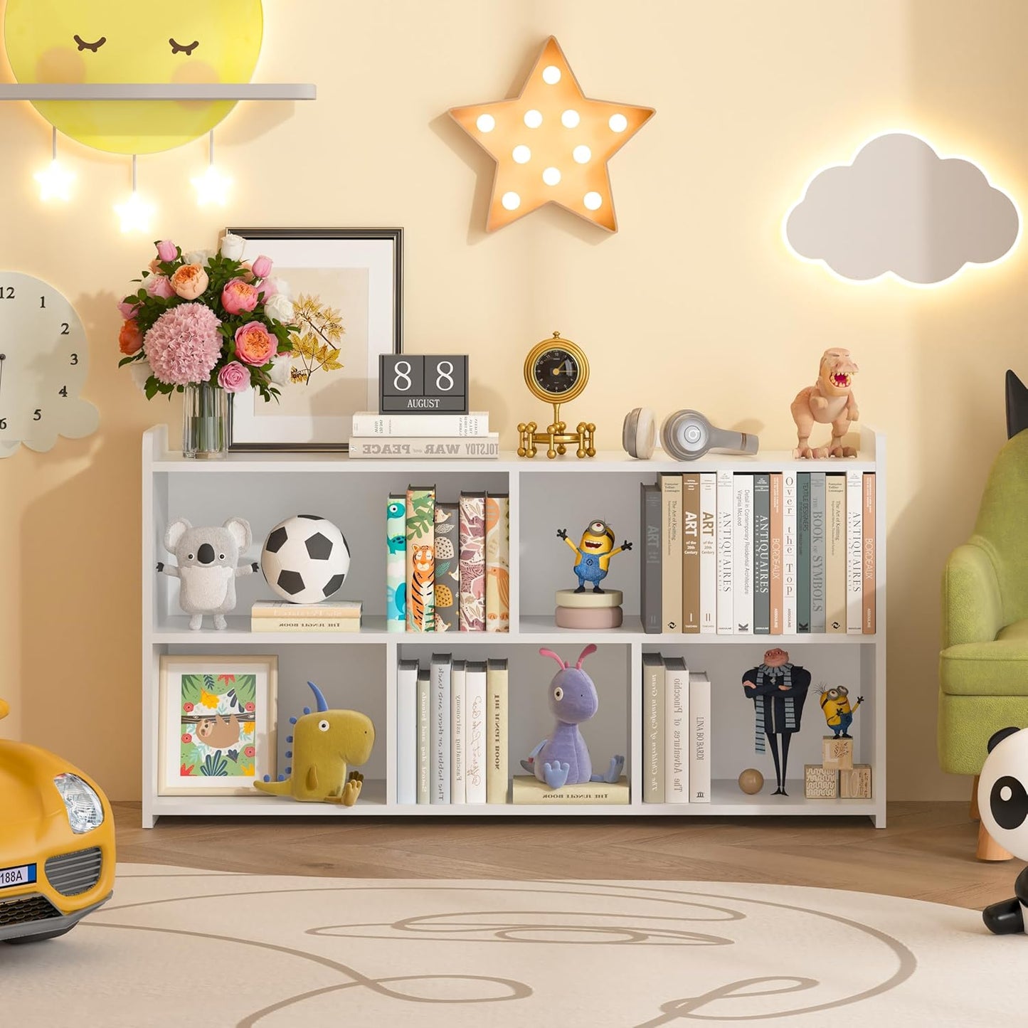 Book Shelf Set of 2, 5 Cubes Storage Organizer, Open Shelf Wooden Bookcase, Freestanding White Bookshelf Cube Shelf for Bedroom, Living Room, Home Office