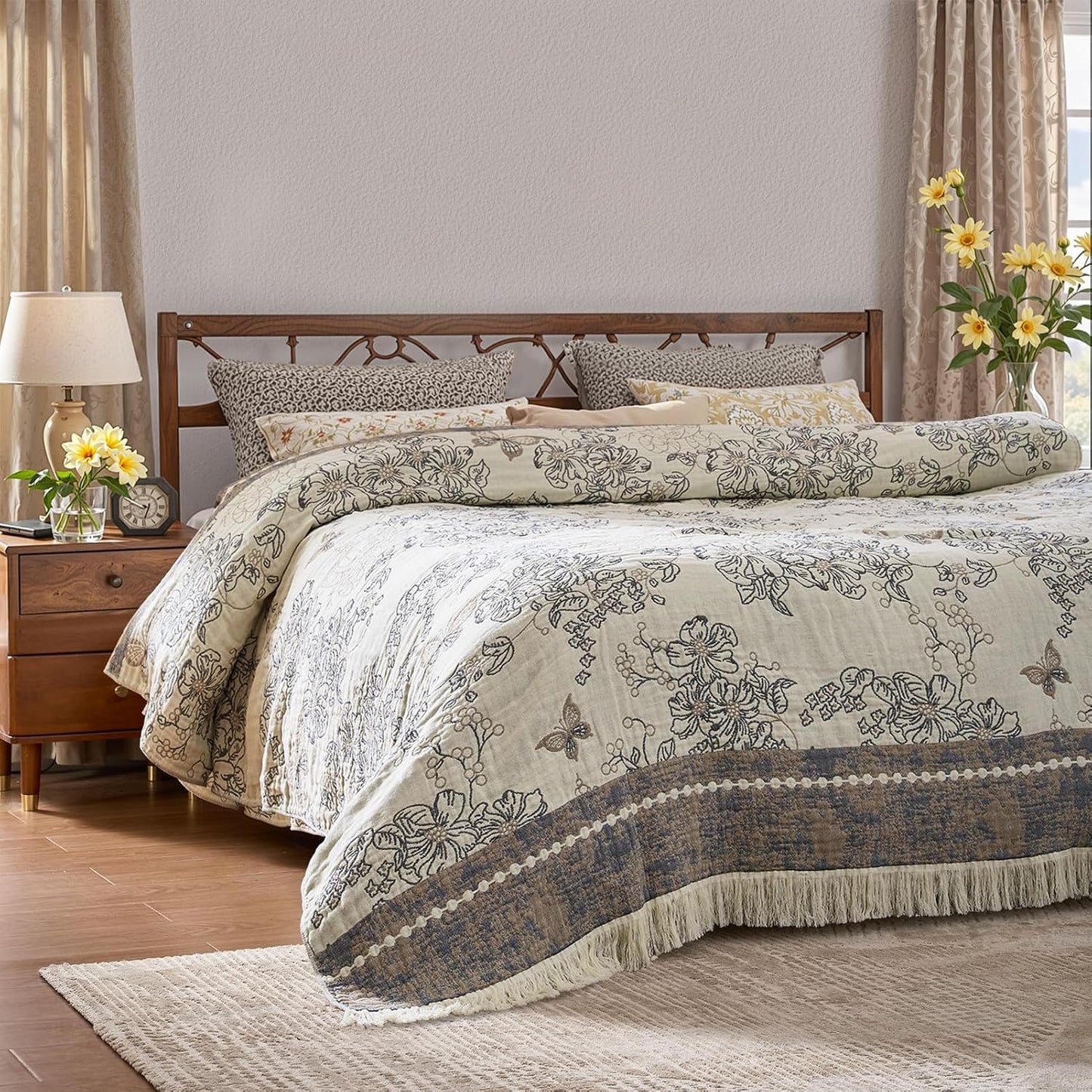 jinchan Boho Floral 100% Cotton Blanket 4-Layer Throw Blanket with Tassel Grey and White Flower Butterfly Soft Luxury Rustic Farmhouse Decor Blanket for Couch Bed 80x90 inch All Season Gift for Women