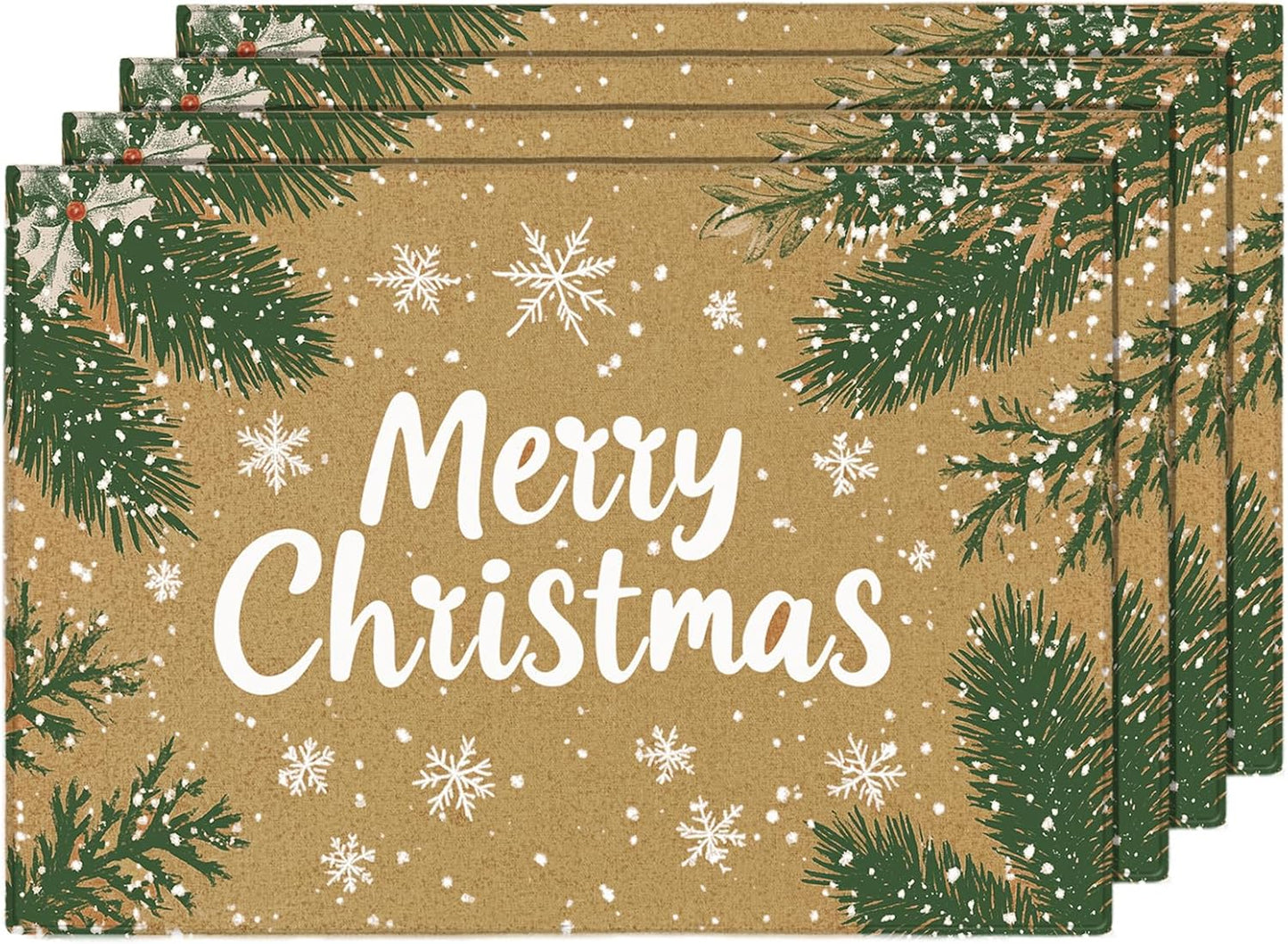 MANSPHIL Brown Christmas Placemats Set of 4 - Farmhouse Snowflake Cotton Faux Linen Cloth Place Mats Heat Resistant Washable Table Mats for Dining Kitchen - 13x19 Inch