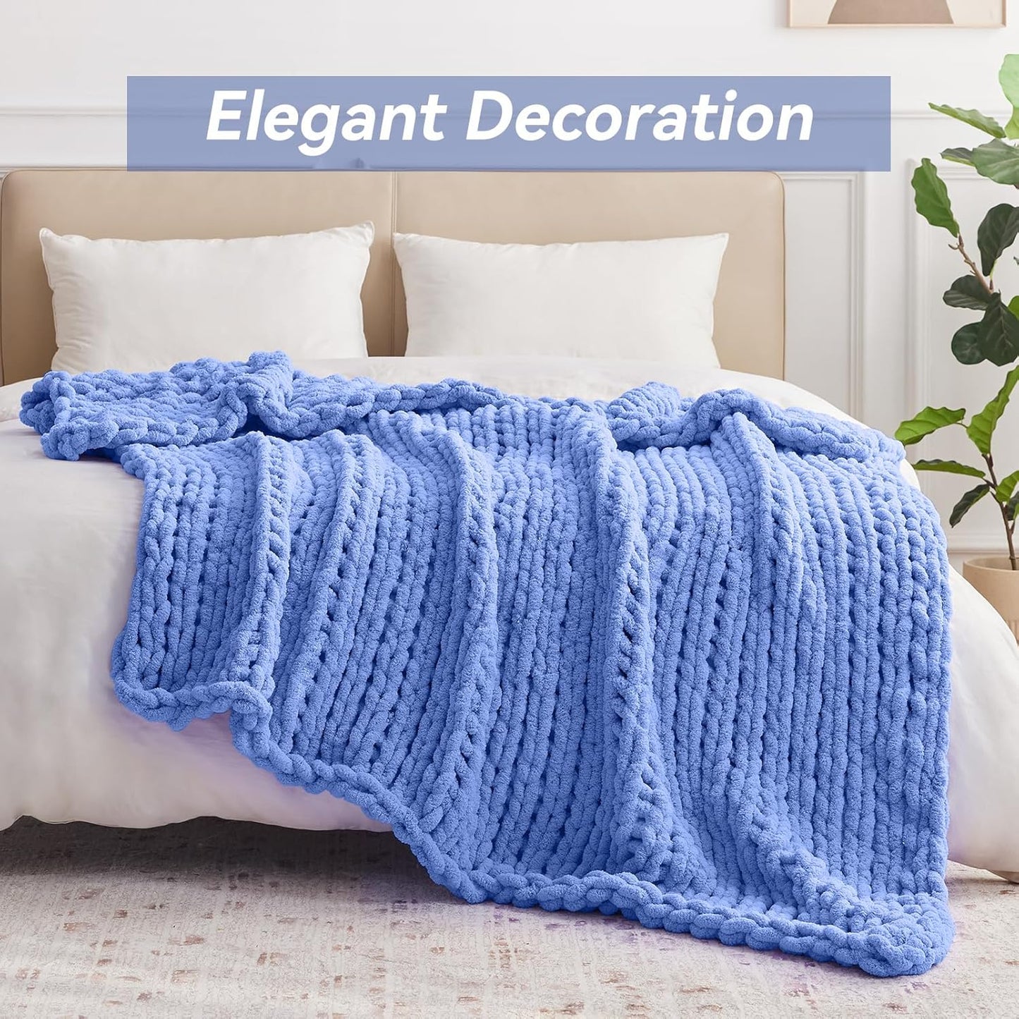 Chunky Knit Throw Blanket, 30''*40'' Knitted Throw Chenille Yarn for Bed Couch, Handmade Light Blue Crochet Big Thick Blanket, Machine Washable Cute Comfy Blanket for Home Decor