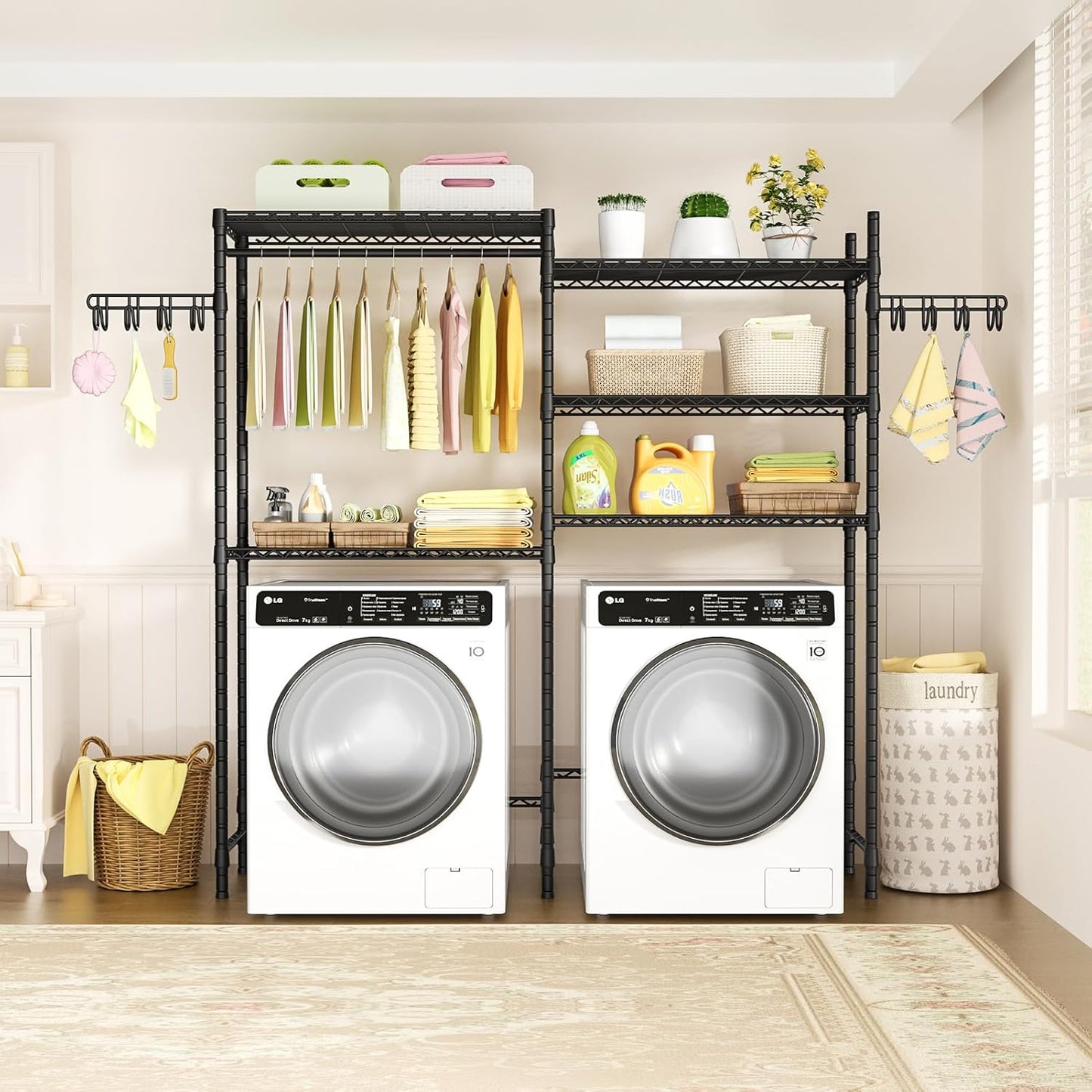 Ulif U5 Over the Washer and Dryer Storage Shelf, Laundry Room Space Saver Bathroom Storage and Organizer Rack for Hanging Towels and Drying Clothes with 5 Wire Shelves, 58.2"W x 13.4"D x 77.5"H, Black