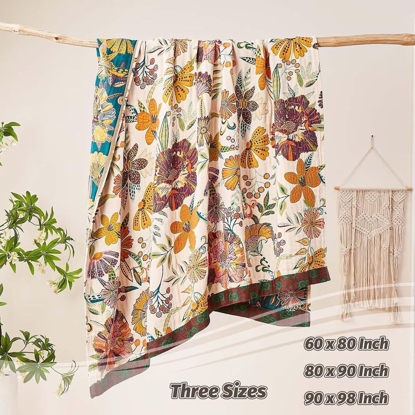 Boho Throw Blanket, 100% Cotton Ultra Soft Luxury Throw Rustic Quilt, 60"x80" Floral Printed Farmhouse Decor Bed Summer Blankets, All Season Rustic Reversible Bohemian Throw for Bed - White