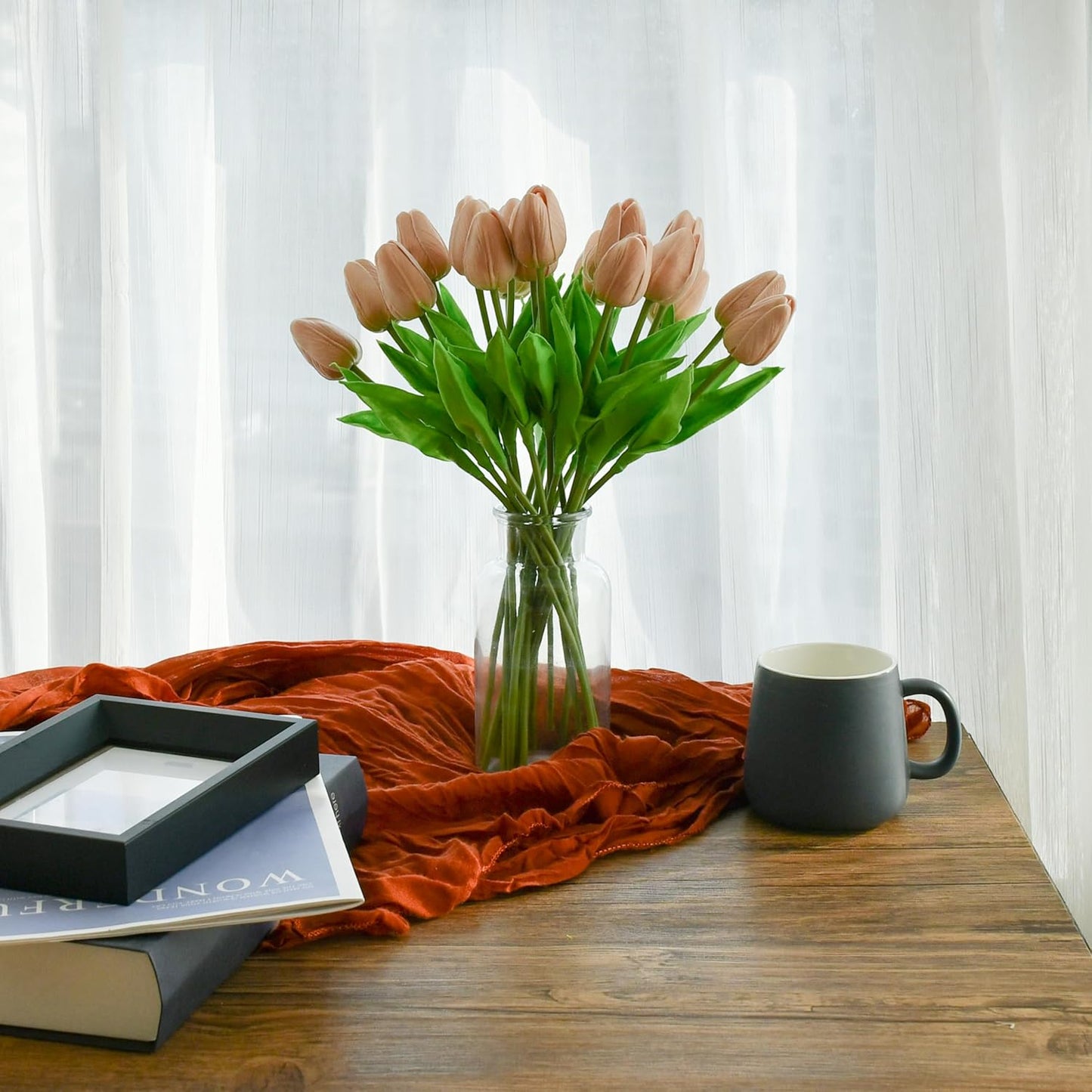 Mandy's Artificial Tulips 20 Stems Light Brown PU Faux Flowers for Wedding Home Decor 13.5 Inch