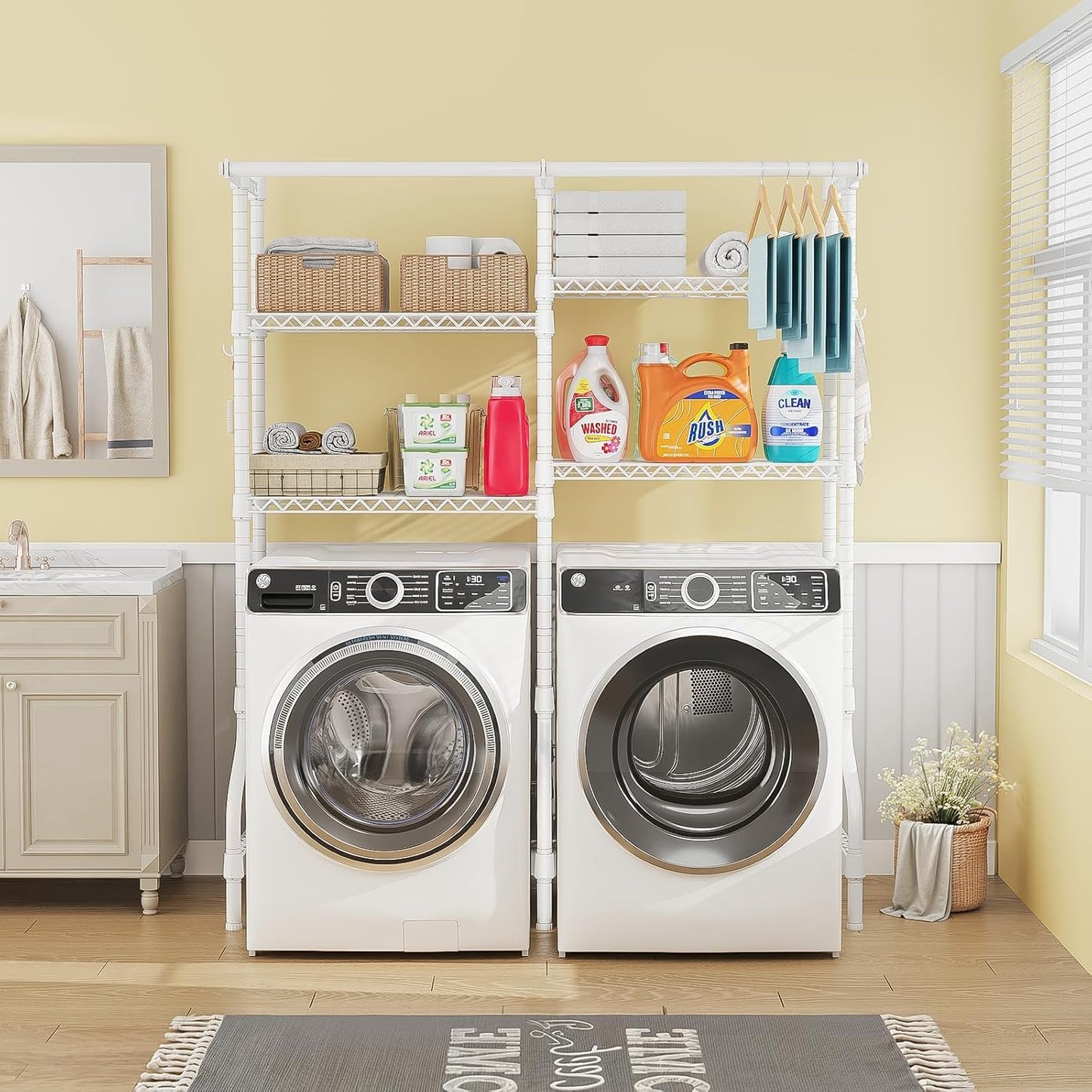 U14 Over Washer and Dryer Storage Shelves, 4 Tiers Laundry Room Storage and Organizer System, Space Saving Clothes Drying Rack with 2 Clothes Hanger Rods, 66.5" W x 20.5" D x 77.4" H, White