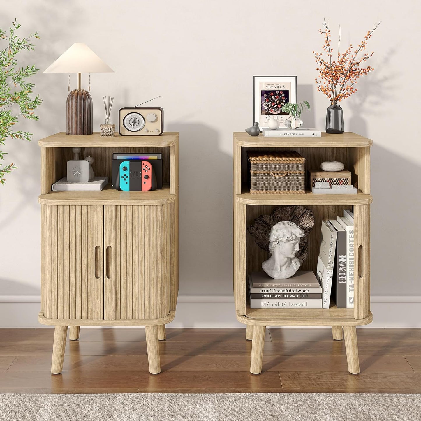 Alohappy Fluted End Table Set of 2, Mid Century Modern Nightstands with Sliding Tambour Door, Curved Round Edge Wood Bedside Table for Bedroom, Side Tables with Storage for Living Room, Natural Oak