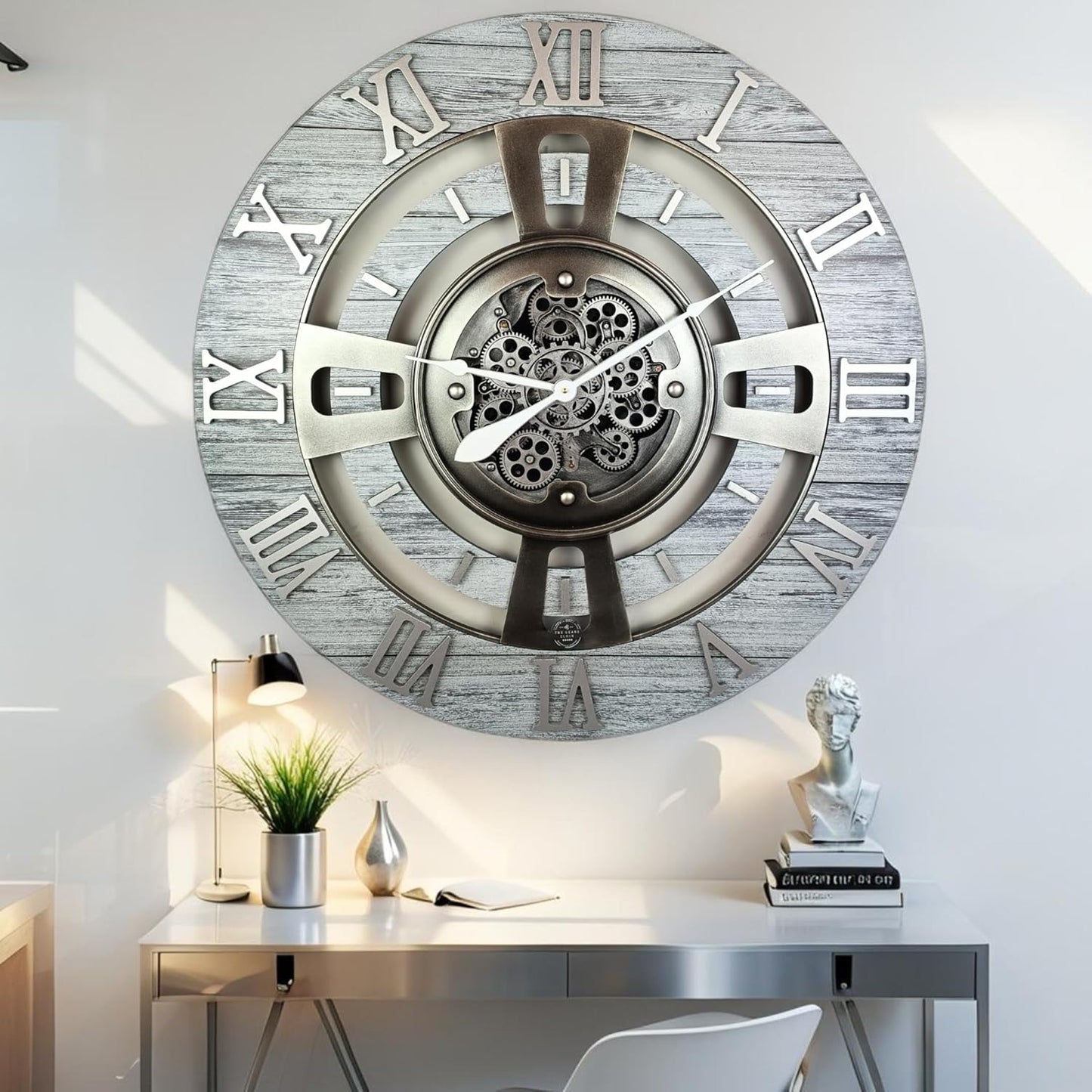 The Gears Clock Real Moving Gear Wall Clock England Line (Silver Grey, 24 inches (60 cm))