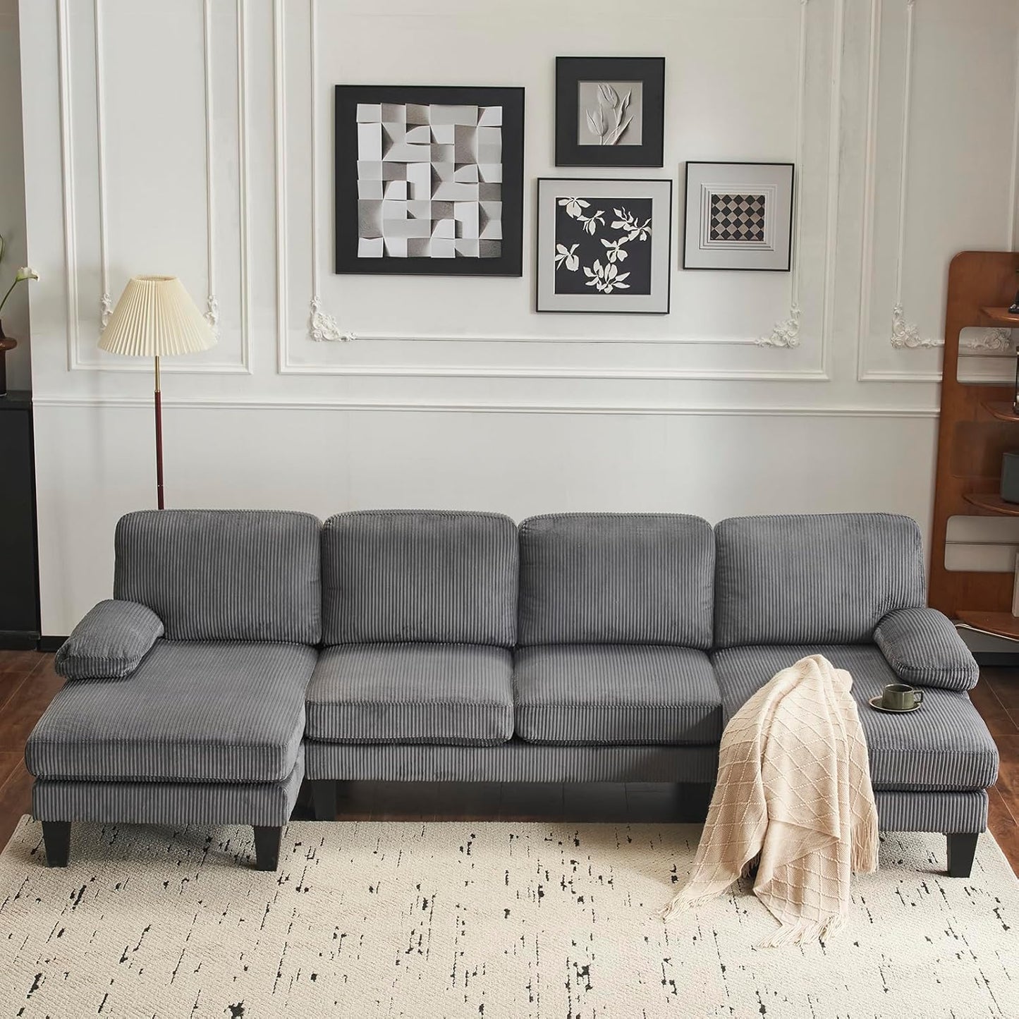 Karl home U-Shape Sectional Sofa Couch 111" Modern 4-Seat Sofa with Chaises Corduroy Fabric Upholstered Covertible Couch with Wood Grain Legs for Living Room, Reception Room, Apartment, Dark Gray