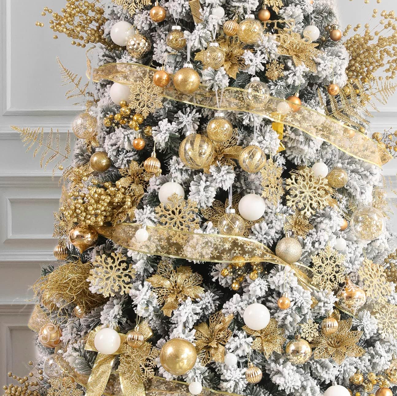 Clear Christmas Ball Ornaments,24ct Shatterproof Plastic Decorative Christmas Ornaments Hanging Xmas Tree Baubles Set with Stuffed Delicate Glittering Decorations for Holiday Party Home Decor (Gold)