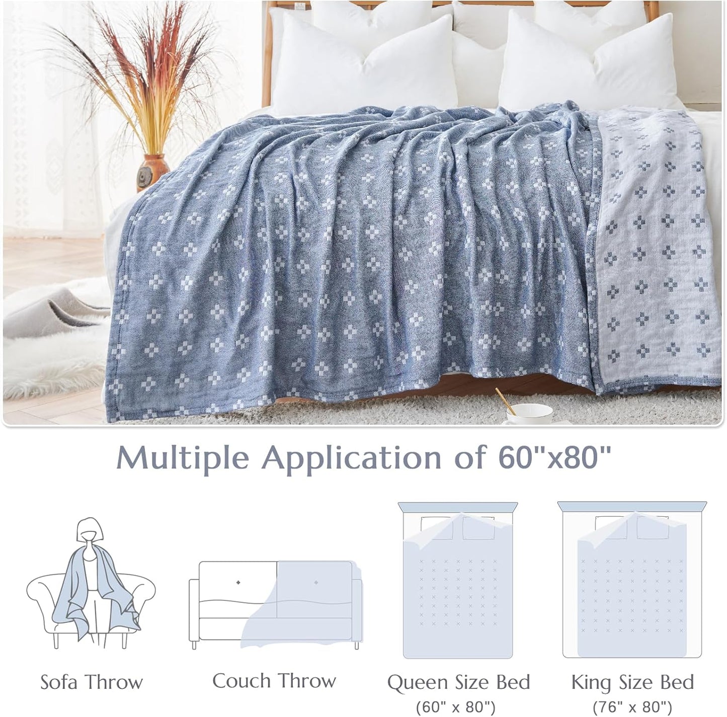 jinchan Boho 100% Cotton Blanket Muslin Lightweight Twin Size Quilted Throw Blanket for Couch Soft Cozy All Season Blanket 3-Layer Floral Throw Cotton Blanket for Bedroom Decor Blue 60x80 Inches