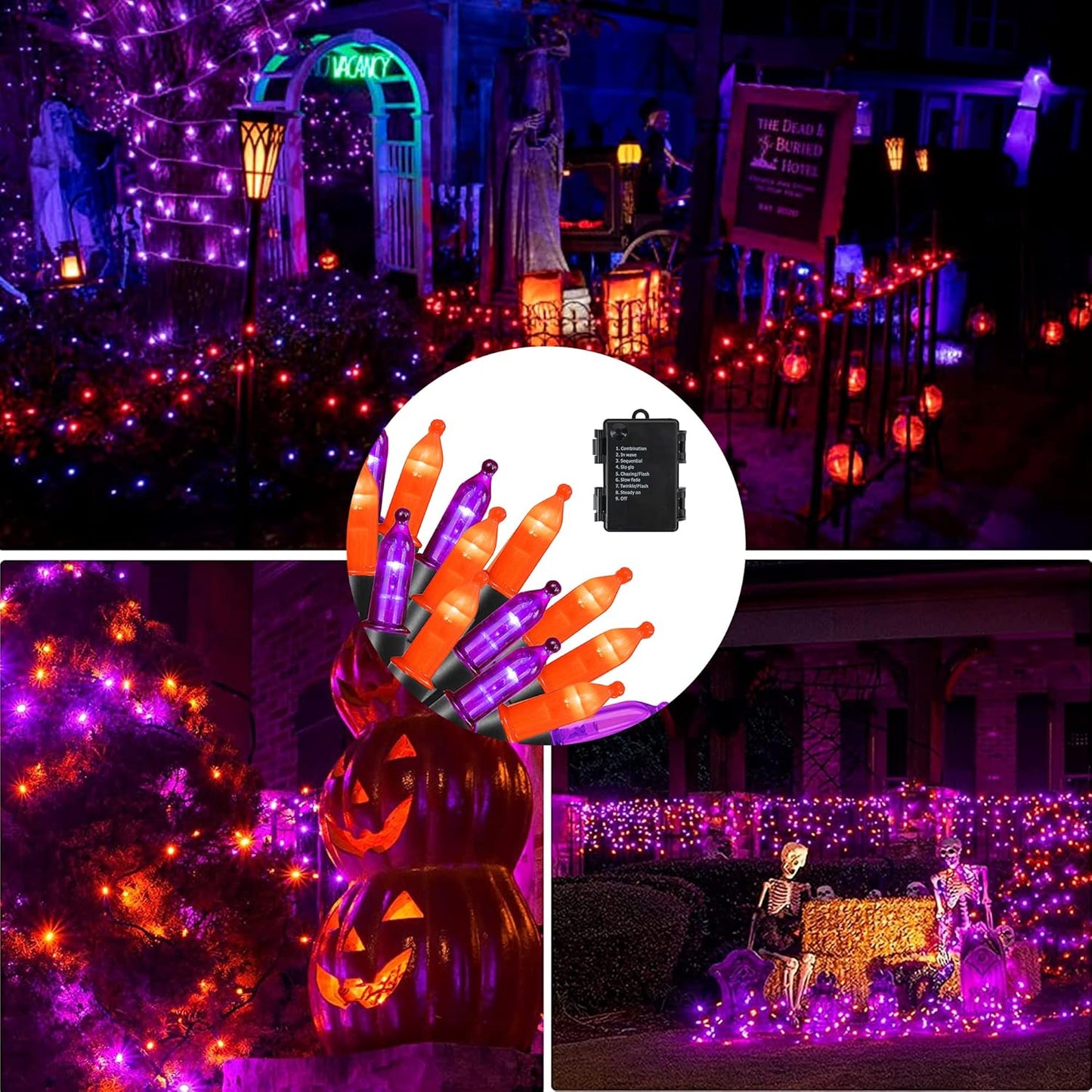 Dazzle Bright Purple and Orange Halloween Lights Battery Operated, 2 Pack Total 100LED 32FT Waterproof Mini String Lights with 8 Modes, Halloween Decorations for Outdoor Indoor Garden Yard Party