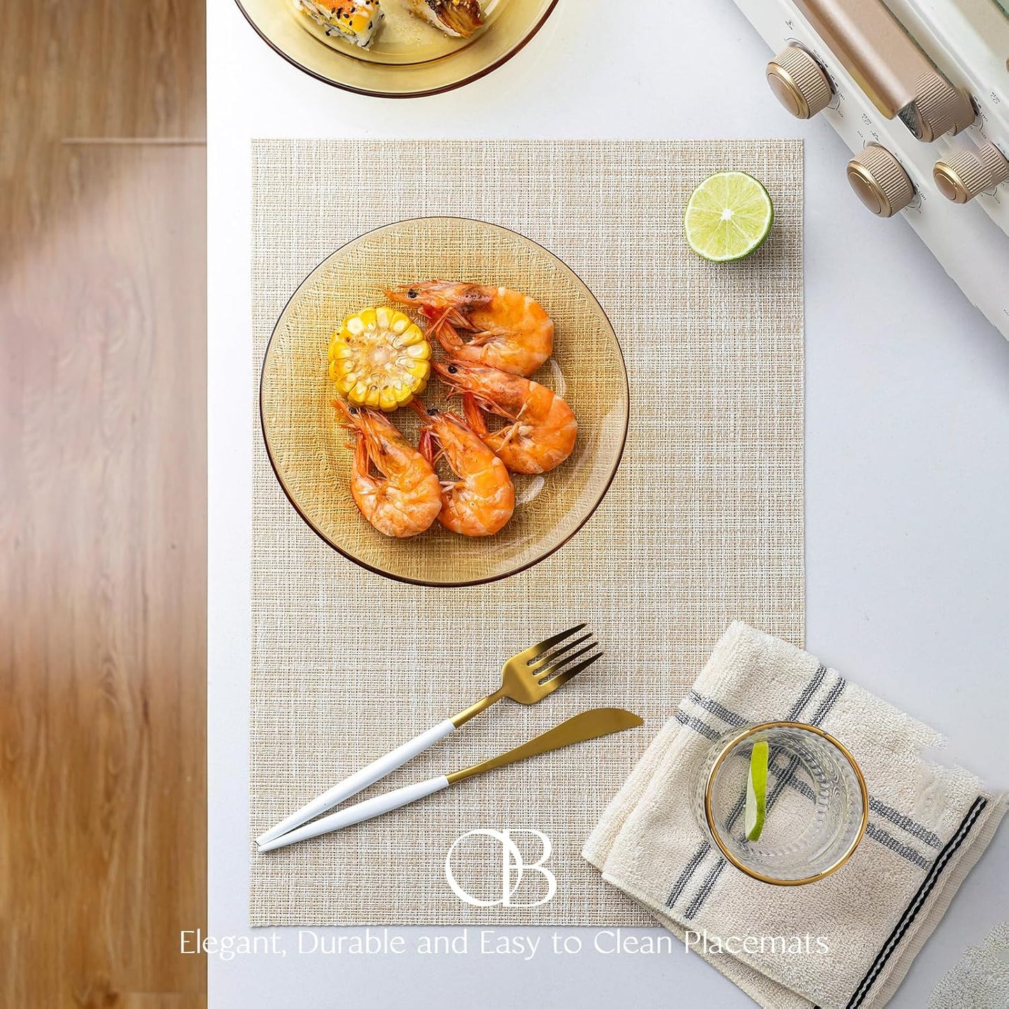 Placemats Set of 4 - Easy Clean Woven Vinyl Placemat for Dining Table, Indoor/Outdoor Place Mats, Washable PVC Table Mats（Beige）