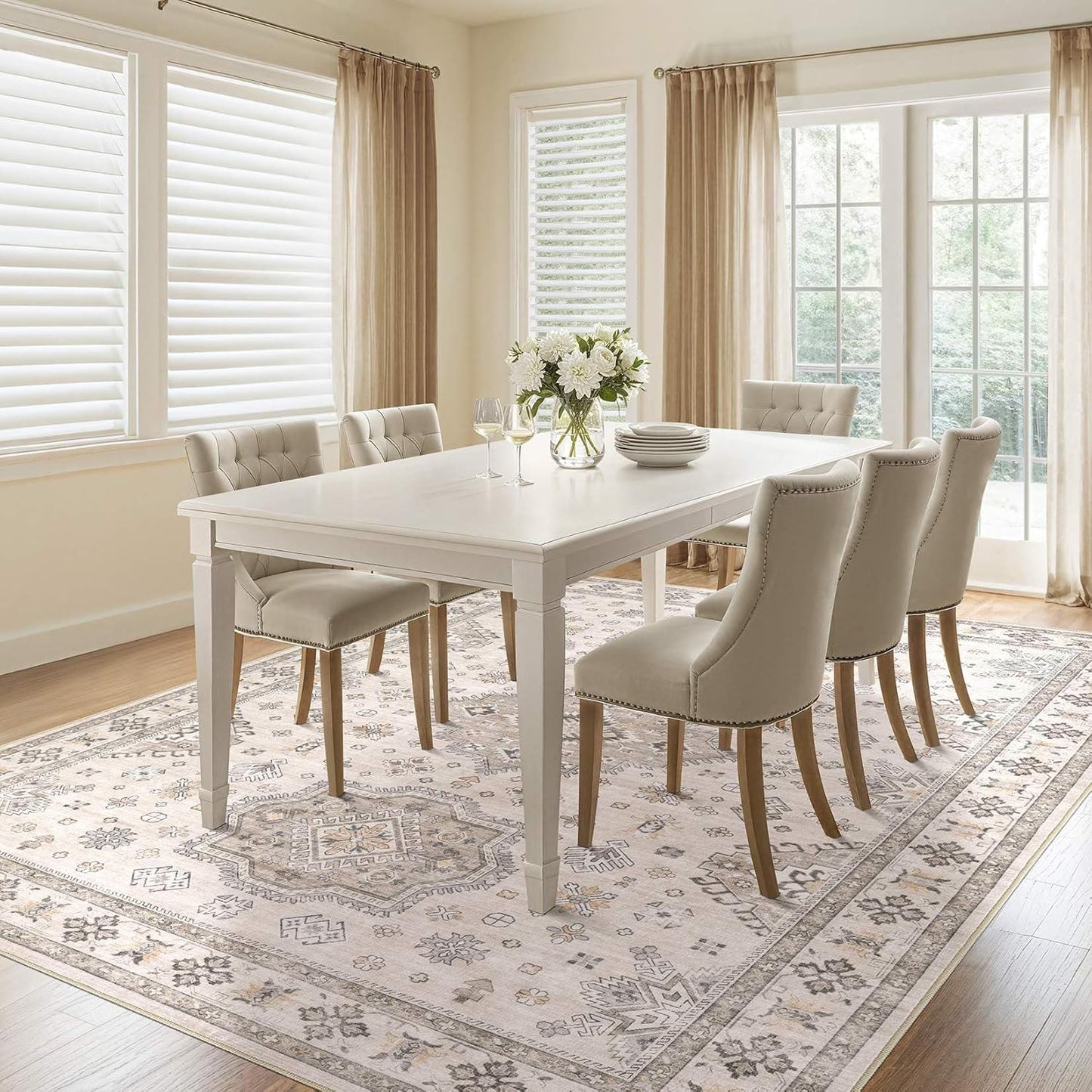 Washable Area Rugs for Living Room -10x14 Neutral Vintage Distressed Floral Farmhouse Boho Large Soft Floor Rug Indoor Non Slip Carpet for Living Room Bedroom Dining Room Office-Beige Brown