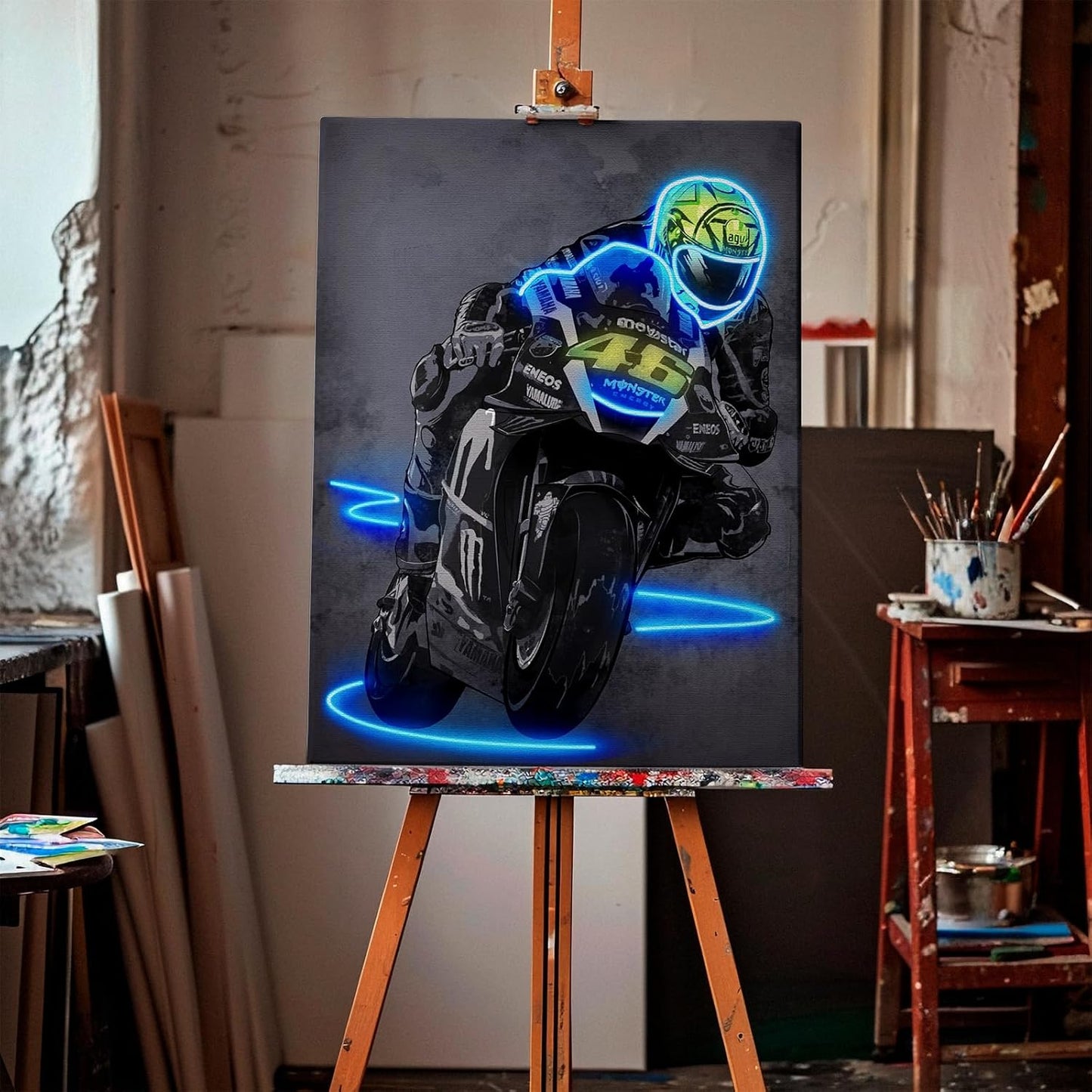 Sorventina Neon Style Blue #46 YZR-M1 Motorcycle Wall Art Posters - 16x24 Wrapped Canvas, Non-LED, Ideal Home Decor for Bedroom, Living Room, Office, Garage, or Man Cave