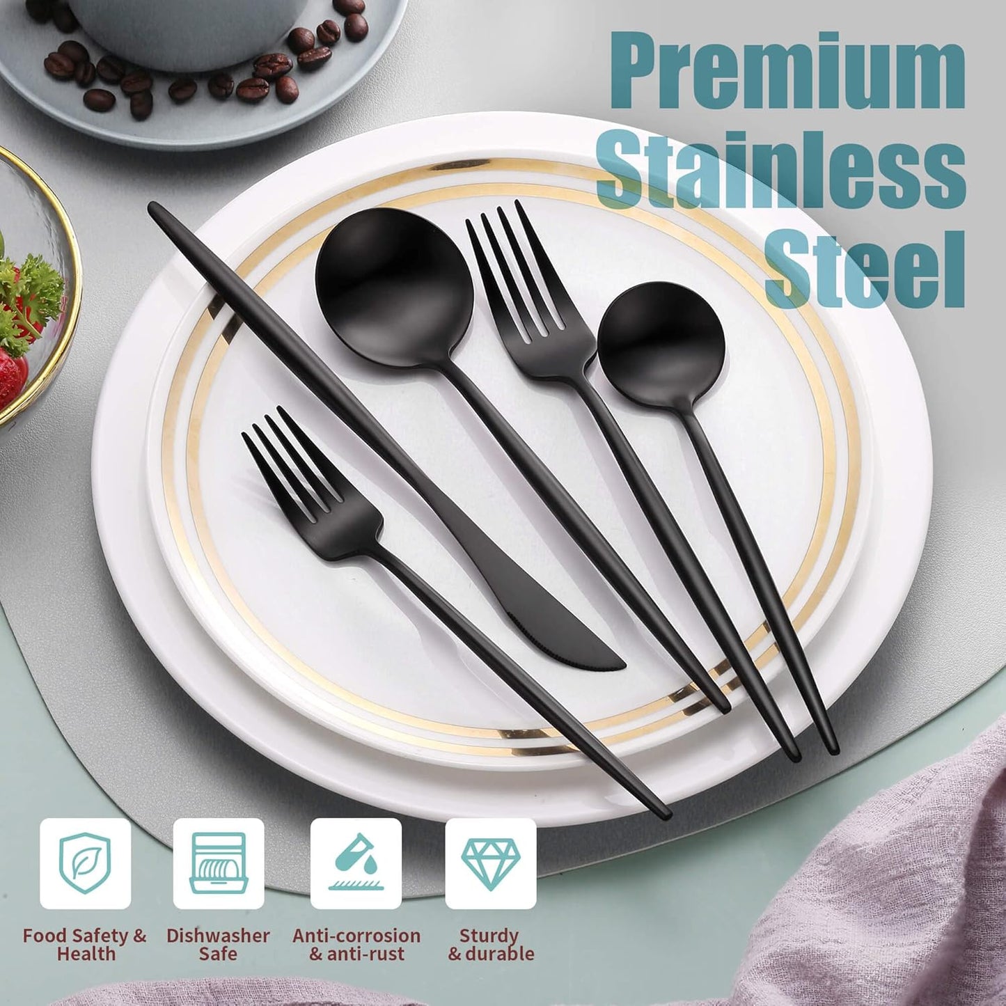 Matte Black Silverware Set for 4,Modern Stainless Steel Brushed Cutlery Set,20-Pieces Heavy Duty Flatware Set,Knives Spoons and Forks Set Utensils Set, Satin Finish, Dishwasher Safe