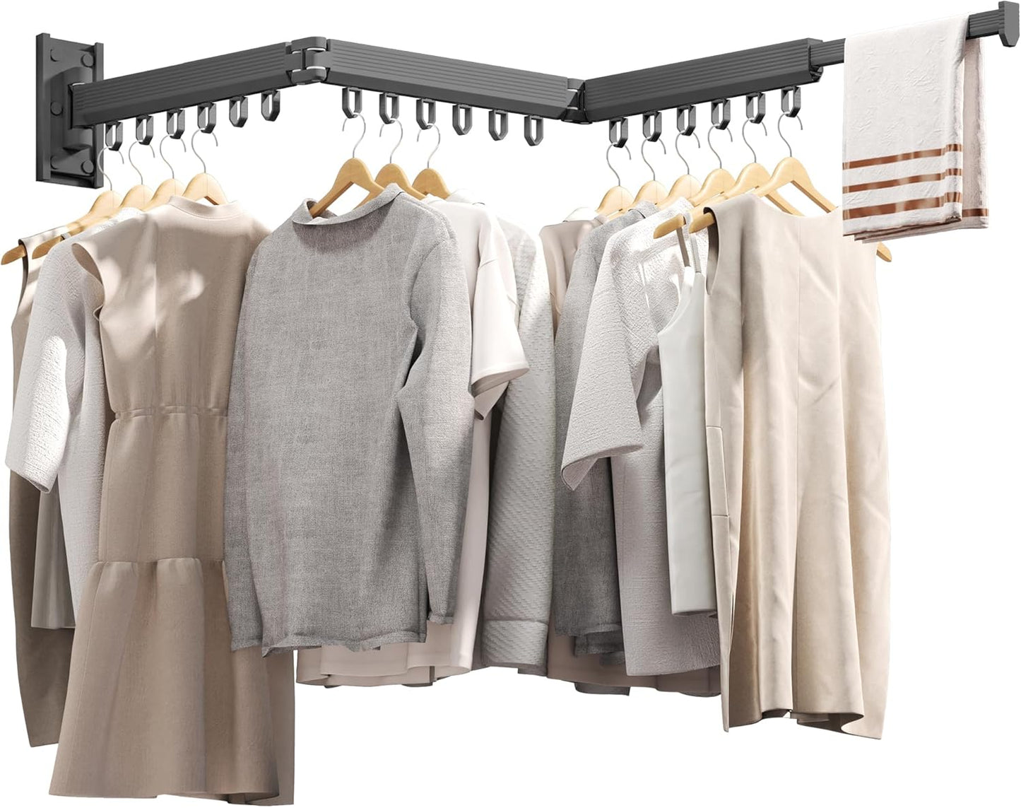 Grey Color Laundry Rack - Wall Mounted, Collapsible Clothes Drying Rack With Loop-type Hooks