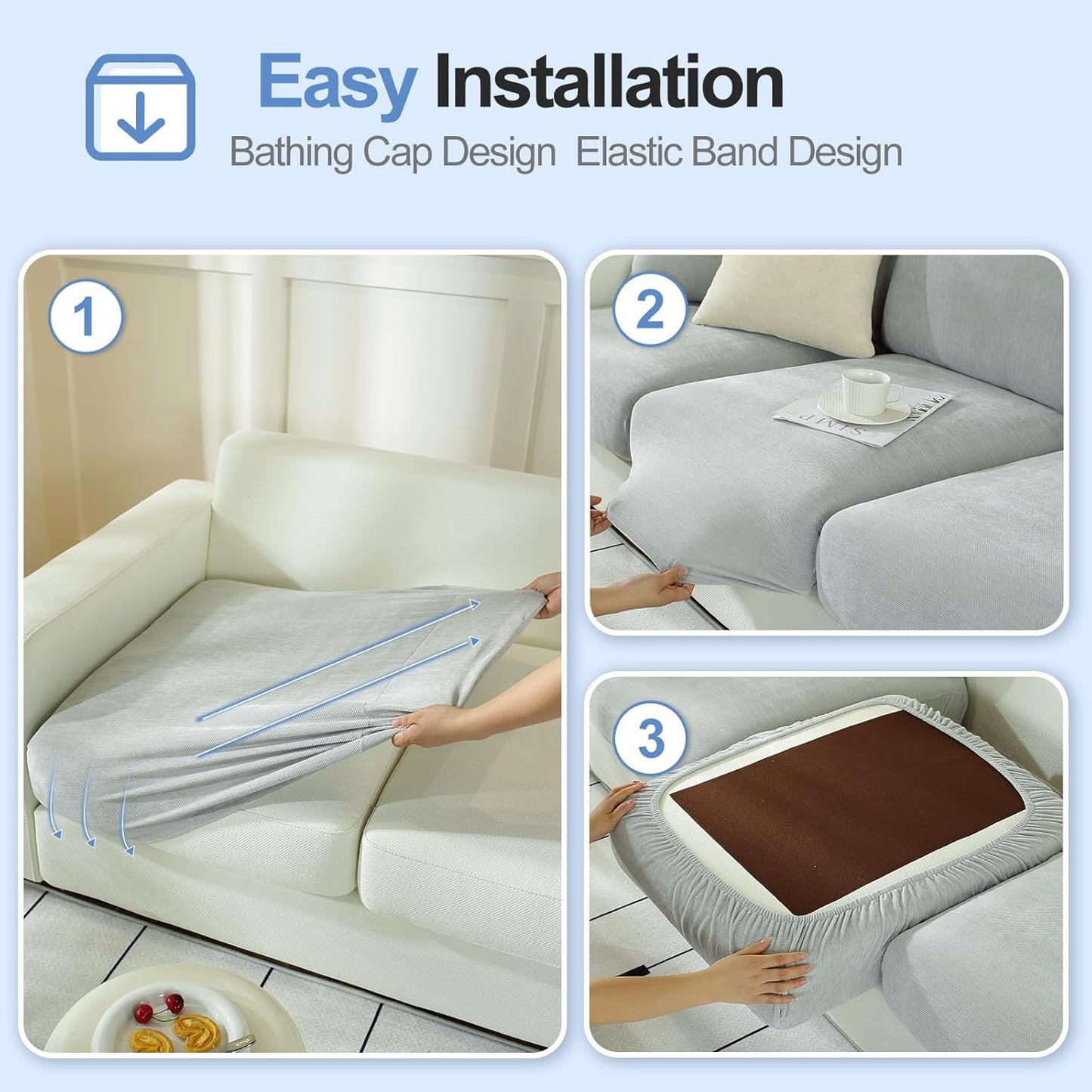 Large Backrest Cushion Covers Super Stretch Backrest Covers for 3 Cushion Couch Sofa, Couch Back Cushion Covers Featuring with Chenille Yarn (Softer Version, 3PC, Light Grey)