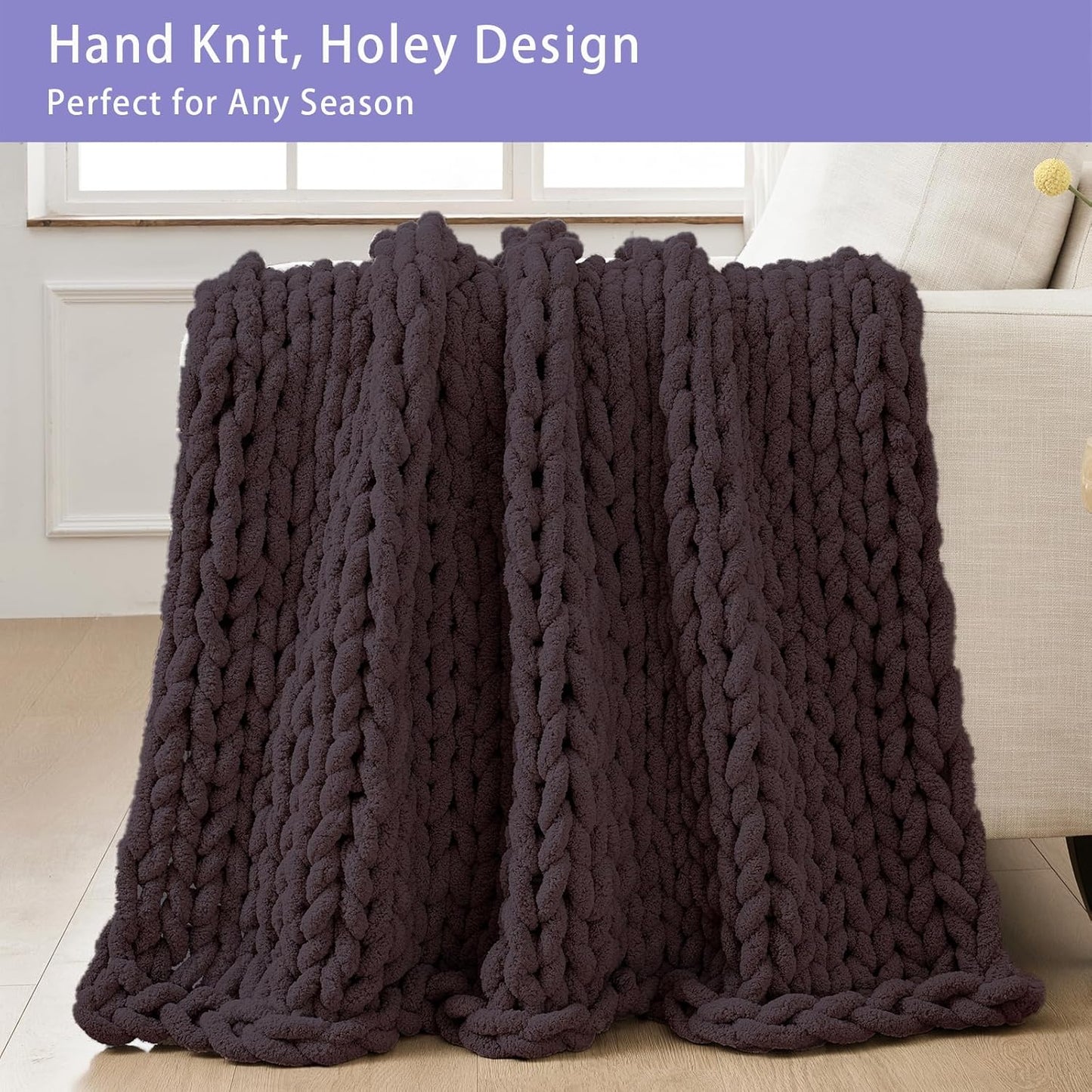 Bigacogo Chunky Knit Throw Blanket for Couch, 51x63 inches, 100% Hand Knitted with Thick Jumbo Chenille Yarn, Cozy Soft Large Rope Knot Cable Crochet Blankets for Sofa Bed Living Room, Chocolate