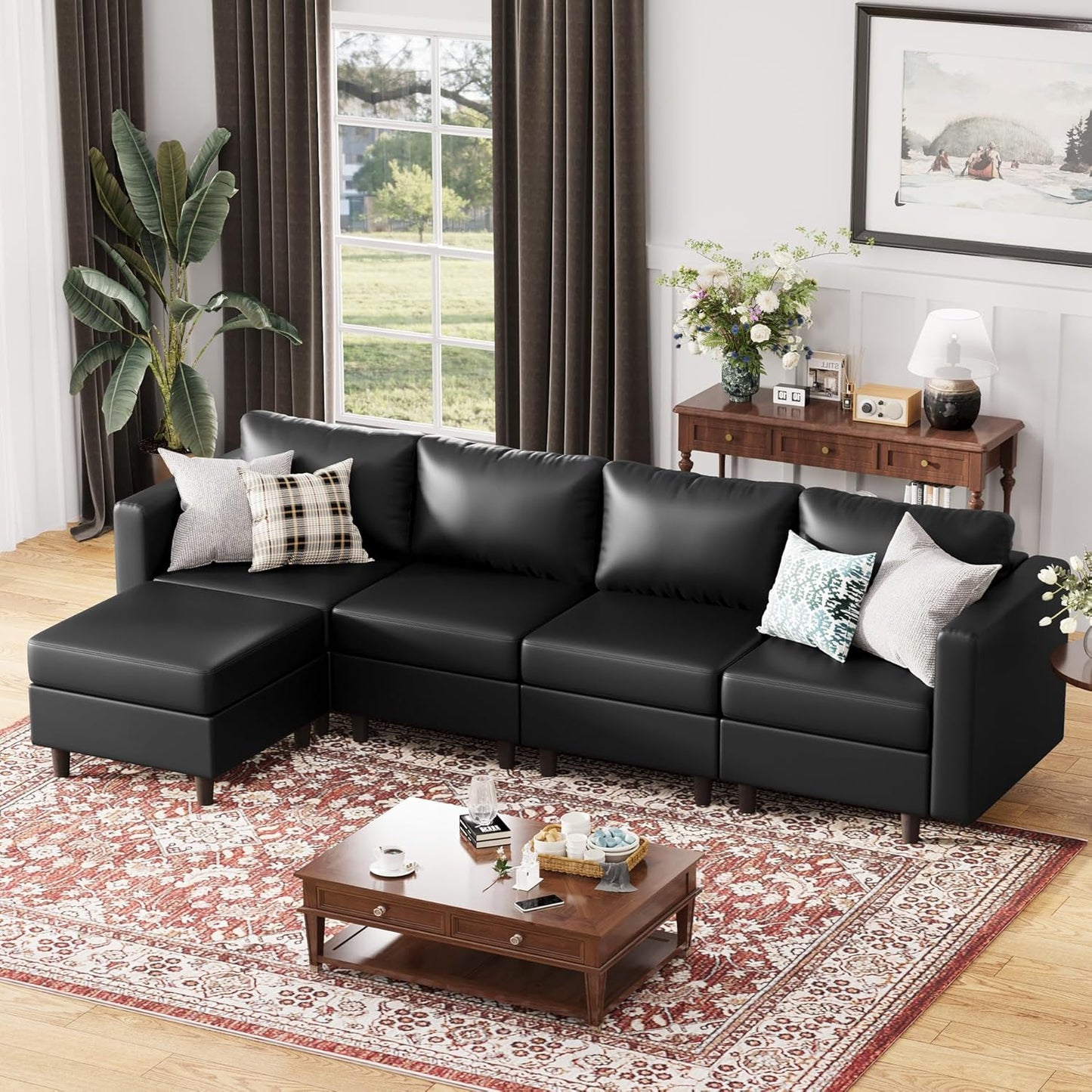 118.5" Faux Leather Modular Sectional Sofa, L Shaped Couch Set for Living Room, 5-Seater Comfy Cloud Couches with Movable Storage Ottoman,DIY Combination - Black