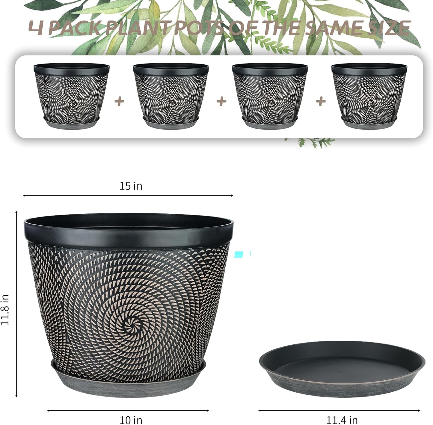 Quarut 15 Inch 4 Pack Large Plant Pots, Plastic Flower Pot for Indoor & Outdoor with Drainage Holes & Saucer, Circle Pattern Planters Garden Pots for Herbs