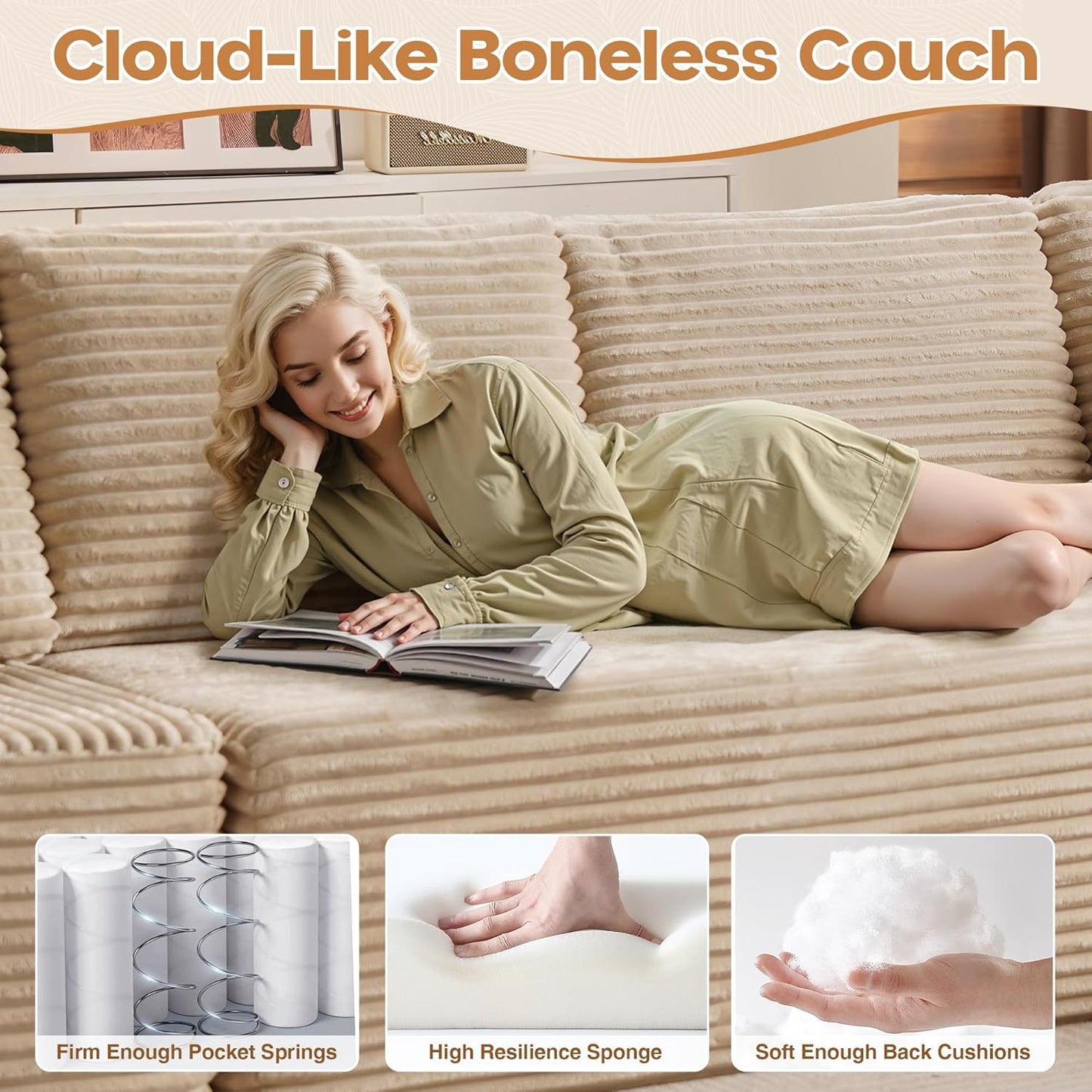 Cloud Sectional Couches for Living Room,U Shaped Modular Sofas No Assembly,133x68 Inches Plush Corduroy Oversized Floor Couch Set with Deep Seat Chaise,Beige