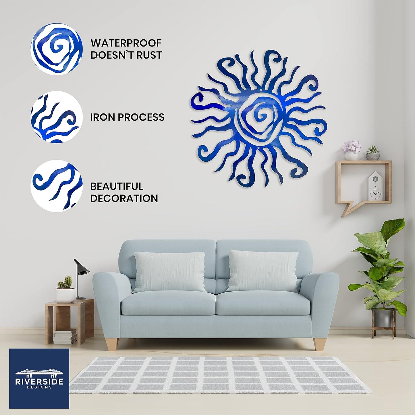 Riverside Designs Wacky Sun Metal Wall Art Indoor/Outdoor Decor - 30" Blue Rust Proof Wall Sculpture - Made in USA - Ideal for Bedroom, Garden, Home, Patio and Farmhouse