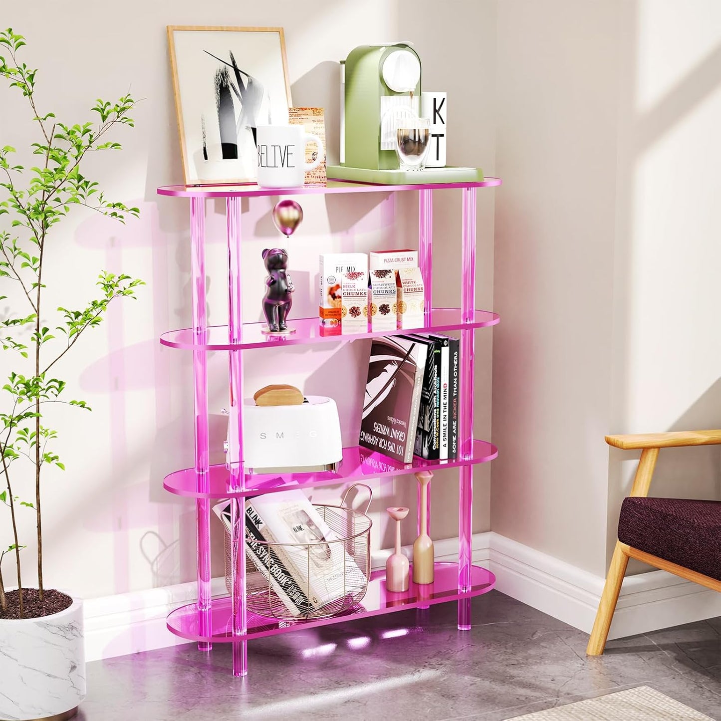 Clear Bookshelf, Acrylic Bookcase with Open Book Shelf Console Table for Entryway Office (4 Tier Pink)