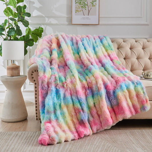 Lotus Karen King Size Faux Fur Blanket Rainbow - Big Bubble Rabbit Fluff Blanket for Bed, Large Fluffy Fuzzy Cozy Blanket, Thick Furry Plush Shaggy Blankets, 108x90 Inches