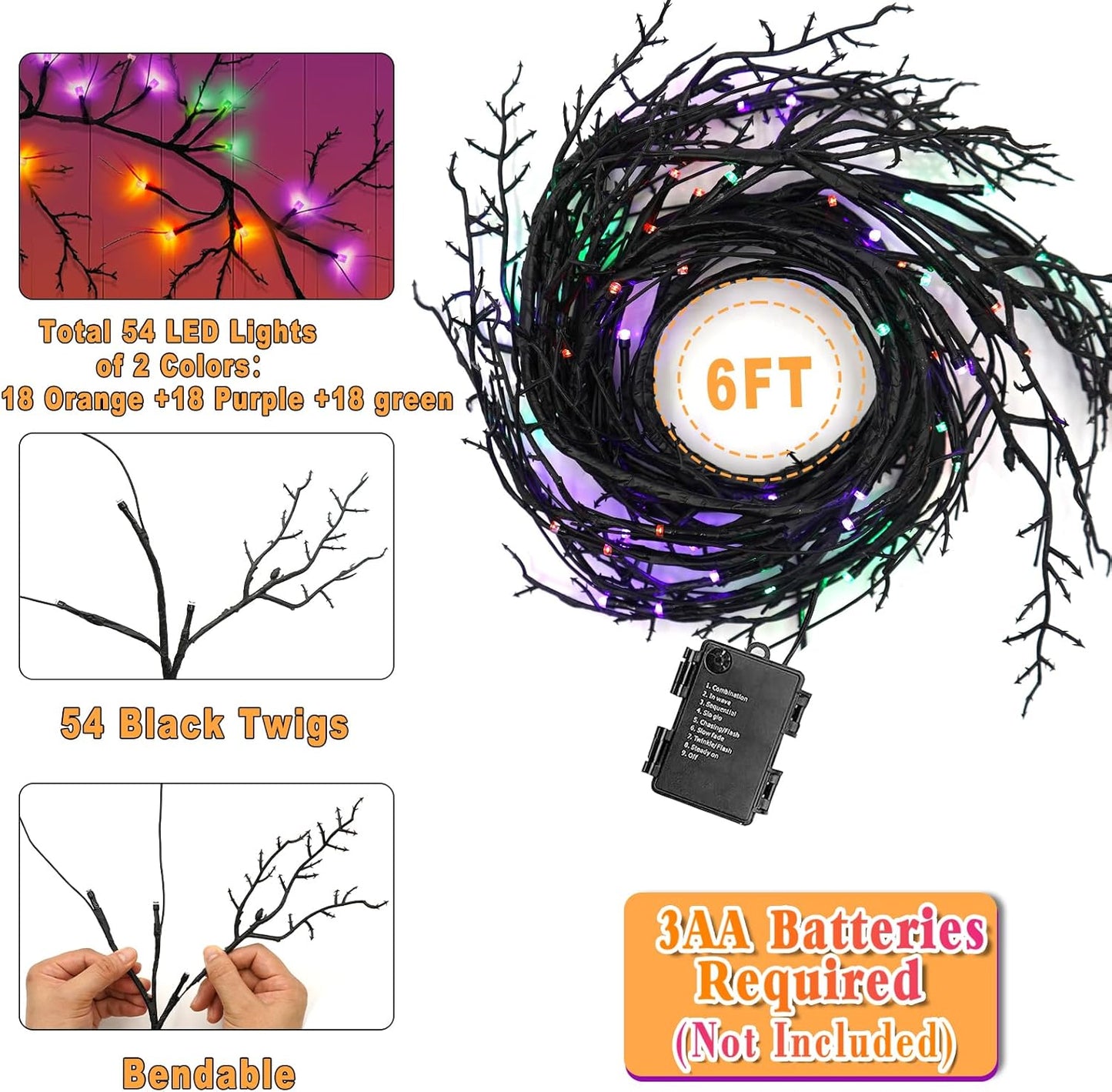 [ Timer & 8 Modes ] 6 Ft 54LED Halloween Willow Vine Twig Decor Branches Garland Decorations Orange ＆ Purple ＆ Green Lights -Battery Operated Garland for Indoor Wall Fireplace Halloween Decorations