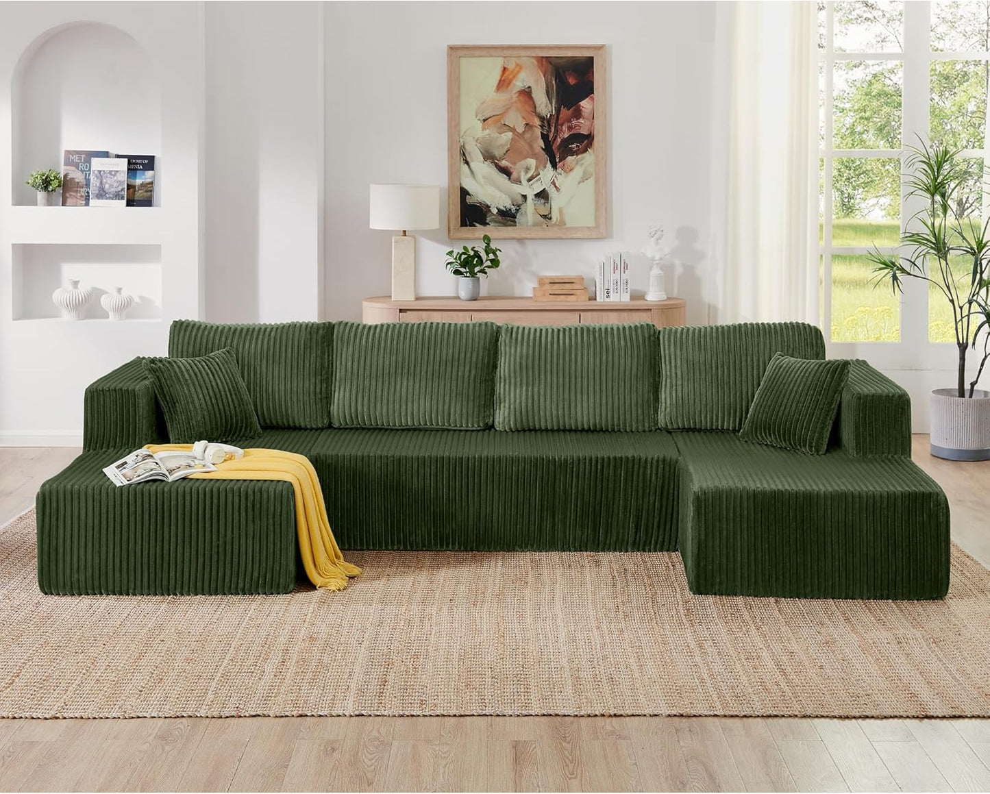 HYJT-H&K Modular Sectional Sofa Cloud Secttional Couch, 132" Comfy U Shaped Couches for Living Room, Deep Seat Memory Foam Fluffy Plush Corduroy Boneless Couch Sectionals with Chaise, Green
