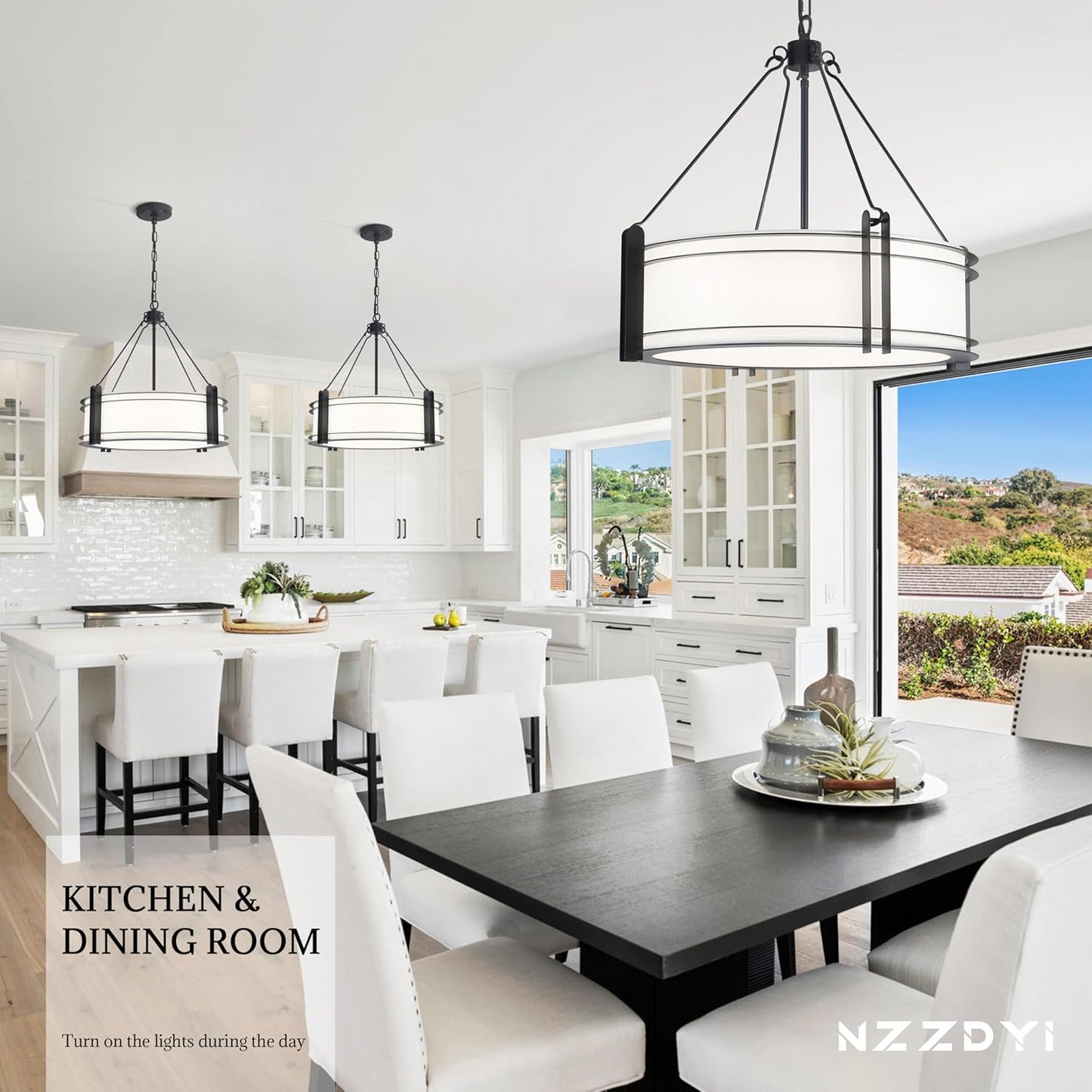 20.4''Drum Chandelier,5-Light Fabric Modern Chandeliers,Black Farmhouse Round Pendant Light Fixture for Dining Room Kitchen Island Living Room Bedroom Hallway