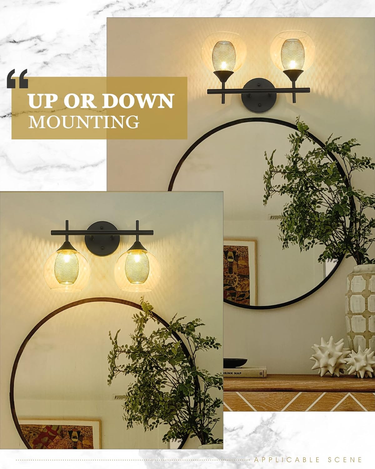 Black and Gold Bathroom Light Fixture, Farmhouse Wall Sconce Lighting with Clear Glass and Honeycomb Metal Shade, 2-Light Black Brass Vanity Light Over Mirror, AD-22001-2W-BK