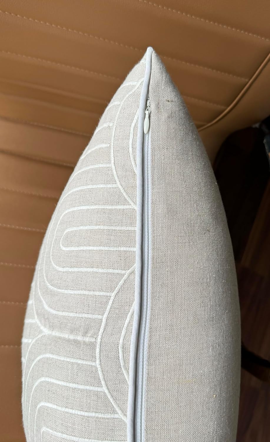 VAGMINE Embroidered Geometric Throw Pillow Cover - 18x18 Inches Square - 100% Linen Natural Decorative Cushion Cover - Elegant Embroidery - Minimalist Accent for Sofa, Bed, Couch, Farmhouse Décor