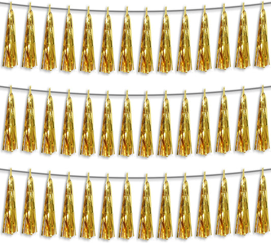 3P Gold Foil Fringe Metallic Tassel Streamers Banner Tassel Garland for Parade Floats, Bachelorette, Wedding, Birthday, Halloween, Christmas, Bridal/Baby Shower Party Decorations